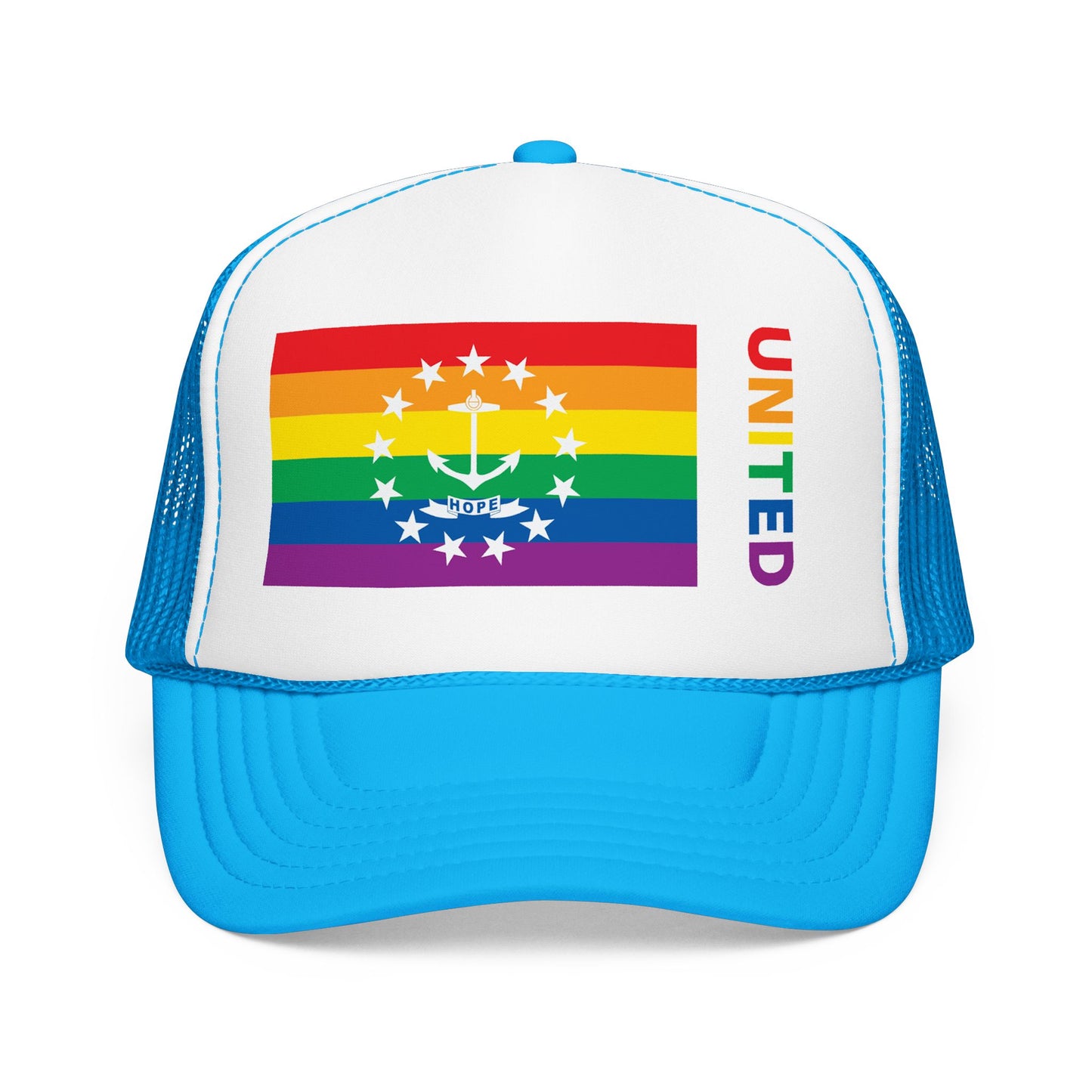 Rhode Island Rainbow Pride Flag "UNITED" Printed Foam Trucker Hat, Several Color Options