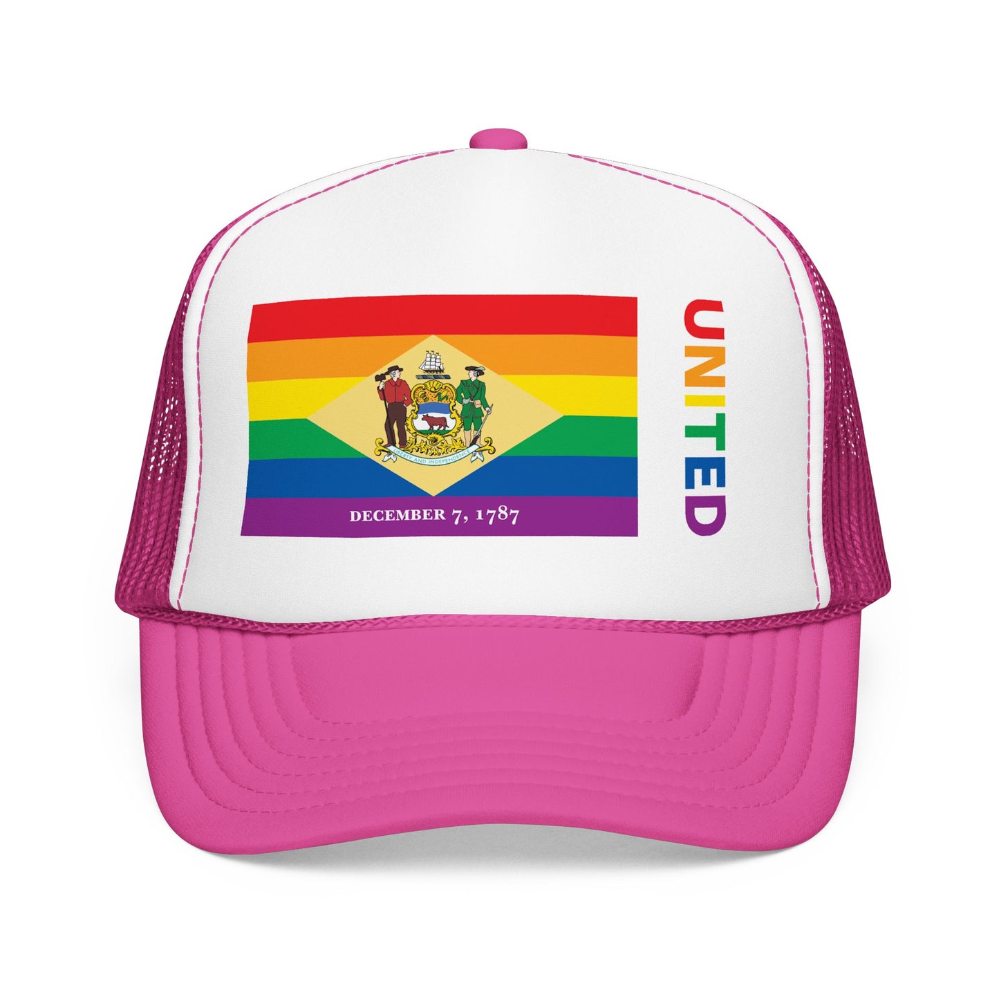Delaware Rainbow Pride Flag "UNITED" Printed Foam Trucker Hat, Several Color Options