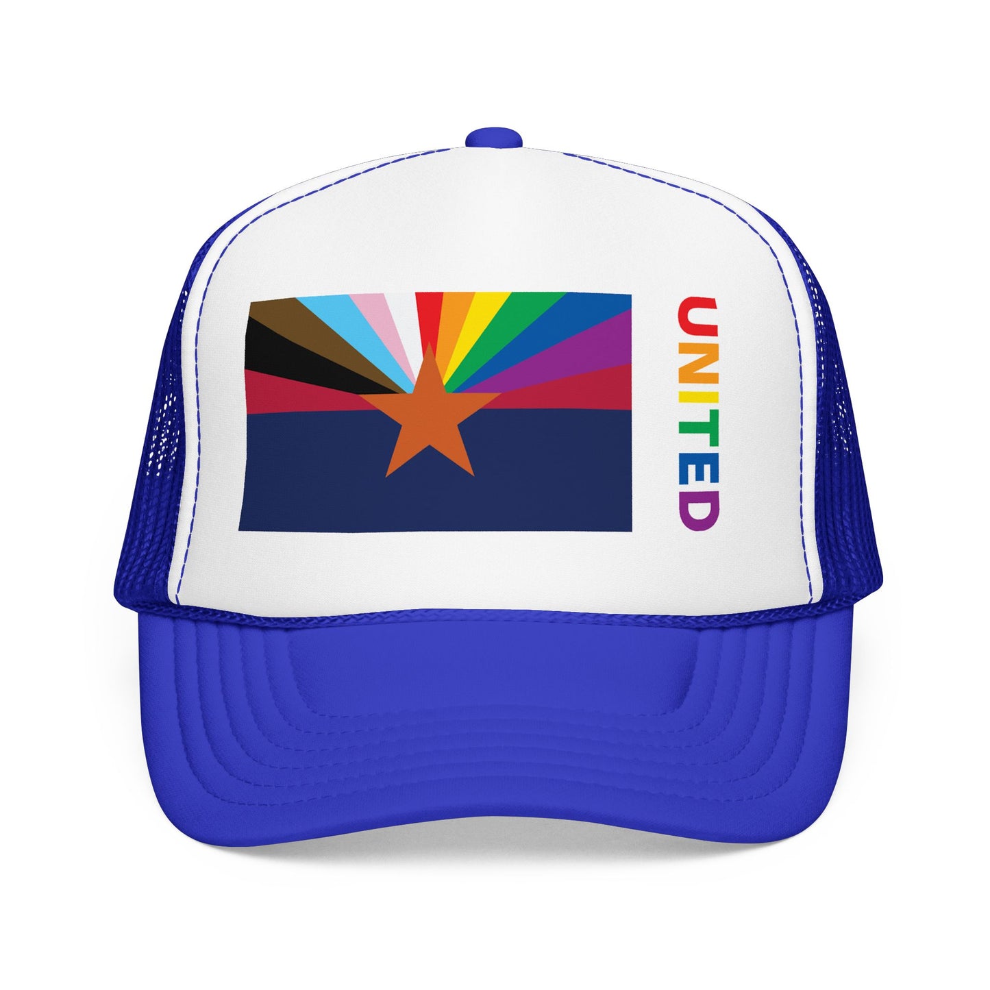 Arizona Rainbow Pride Flag "UNITED" Printed Foam Trucker Hat, Several Color Options