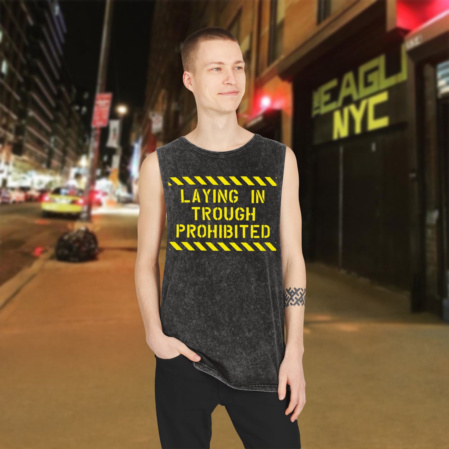 "Laying in Trough Prohibited" - Stonewash Tank Top with Yellow deco