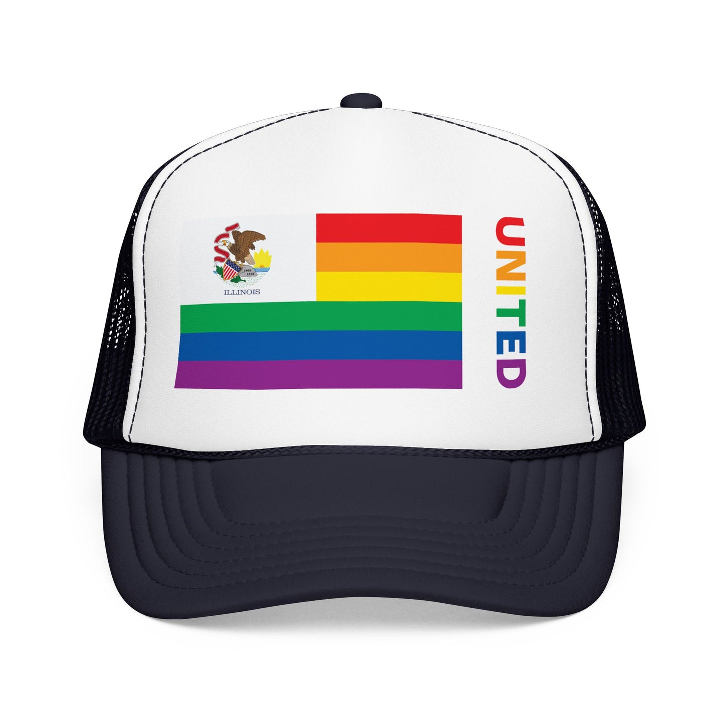 Illinois Rainbow Pride Flag "UNITED" Printed Foam Trucker Hat, Several Color Options