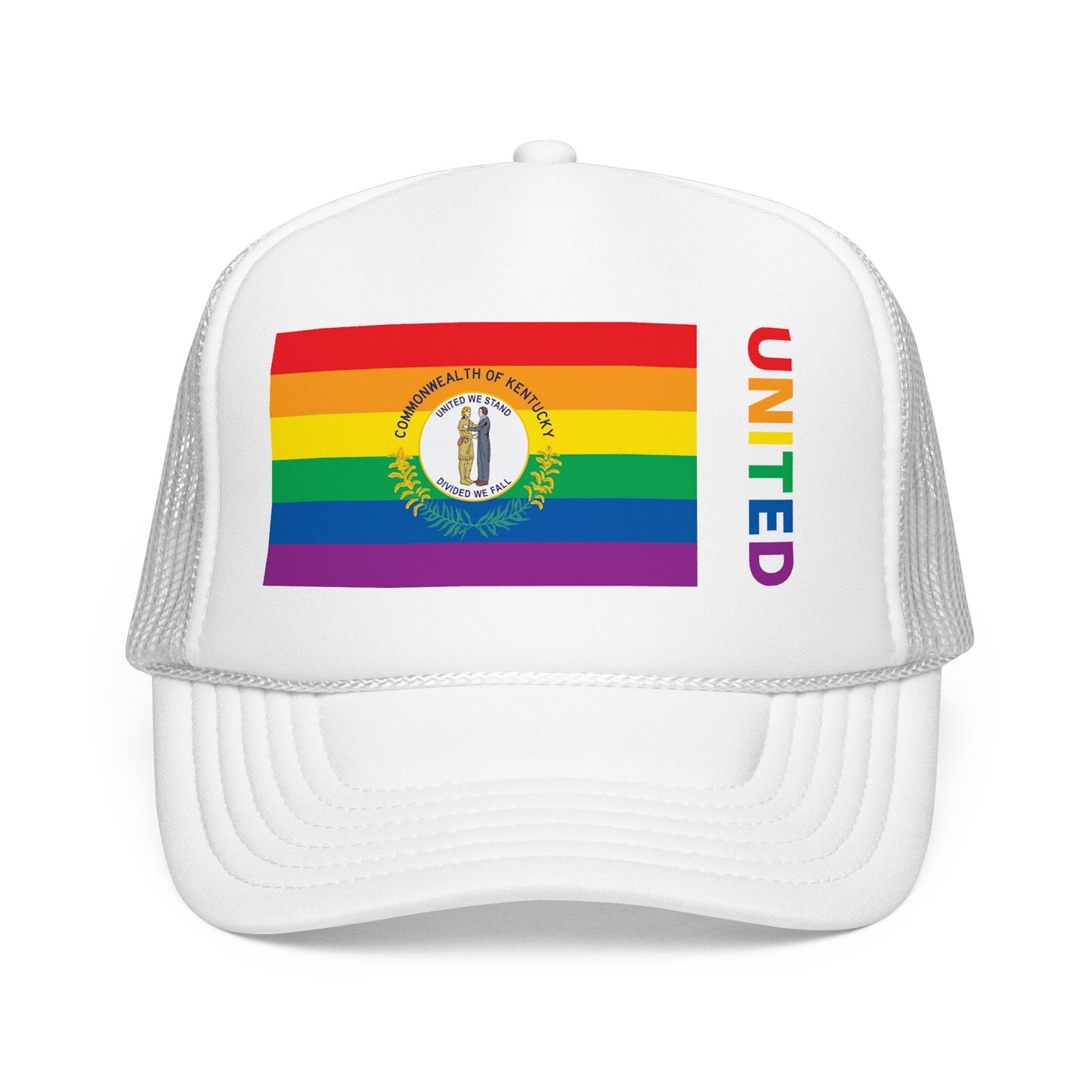 Kentucky Rainbow Pride Flag "UNITED" Printed Foam Trucker Hat, Several Color Options