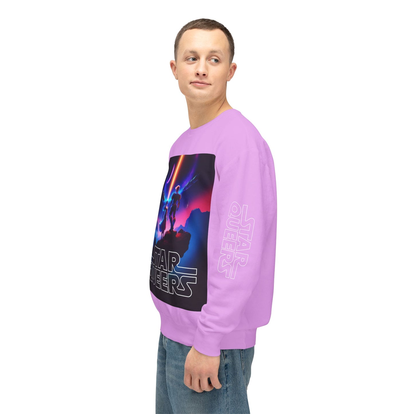 STAR QUEERS Graphic Universal Lightweight Crewneck Sweatshirt - Black and Neon Violet