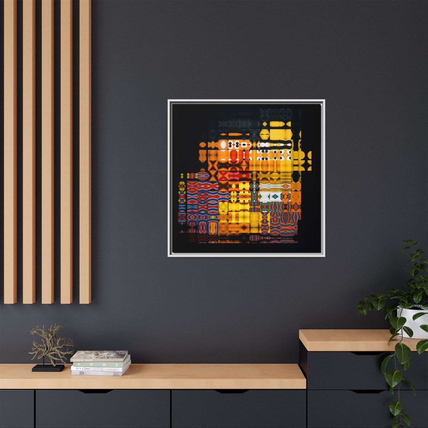 Iconic Domestic Partners in Plain Sight: Bert, Ernie, and Rubber Ducky Abstract Portrait Collage Art — Matte Canvas, Framed (Multi-color options)