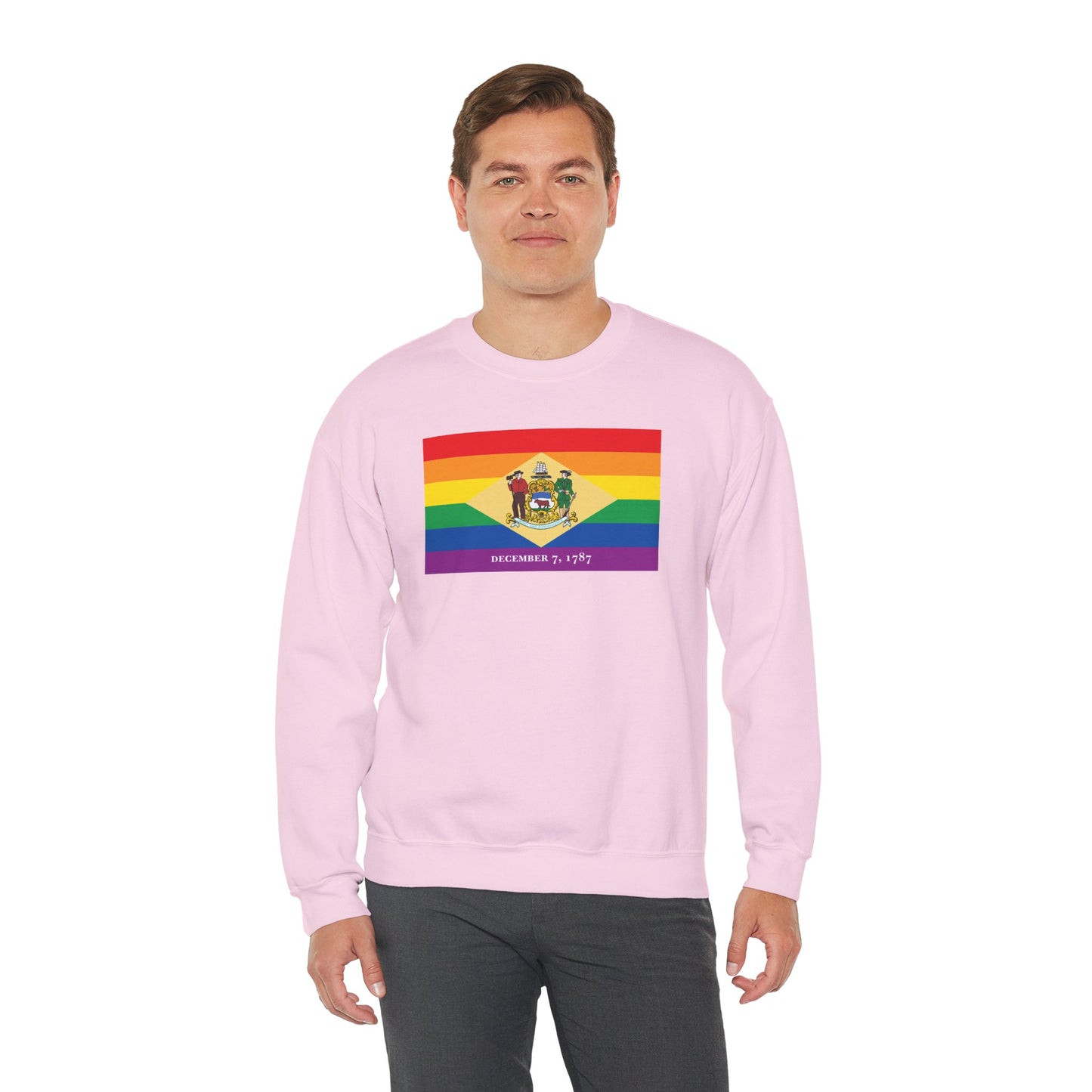 Delaware Rainbow Pride Flag Unisex Crewneck Sweatshirt—White, Black or Light Pink