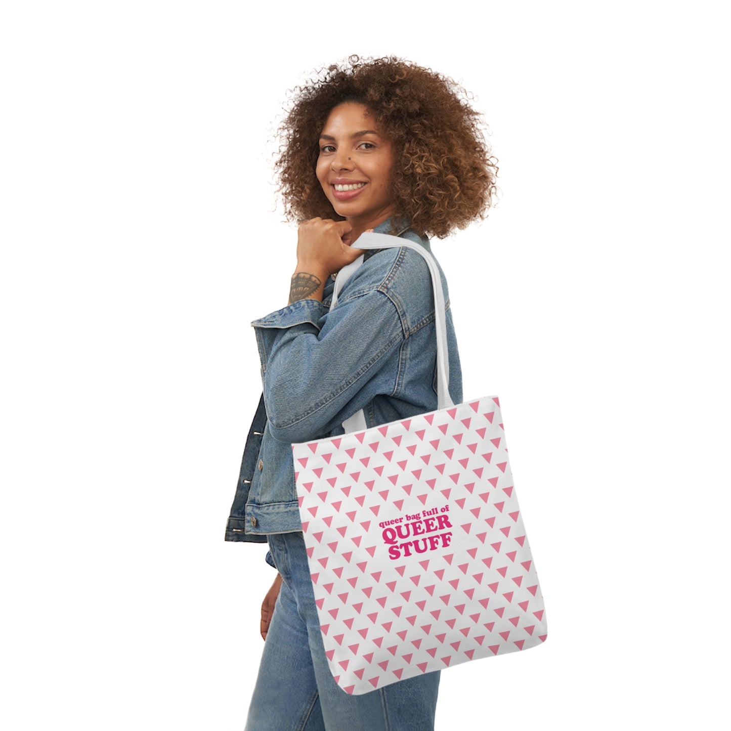 Queer Bag Full of QUEER STUFF Canvas Tote Bag - White with Pink Deck; Straps in White, Light Blue and Light Pink