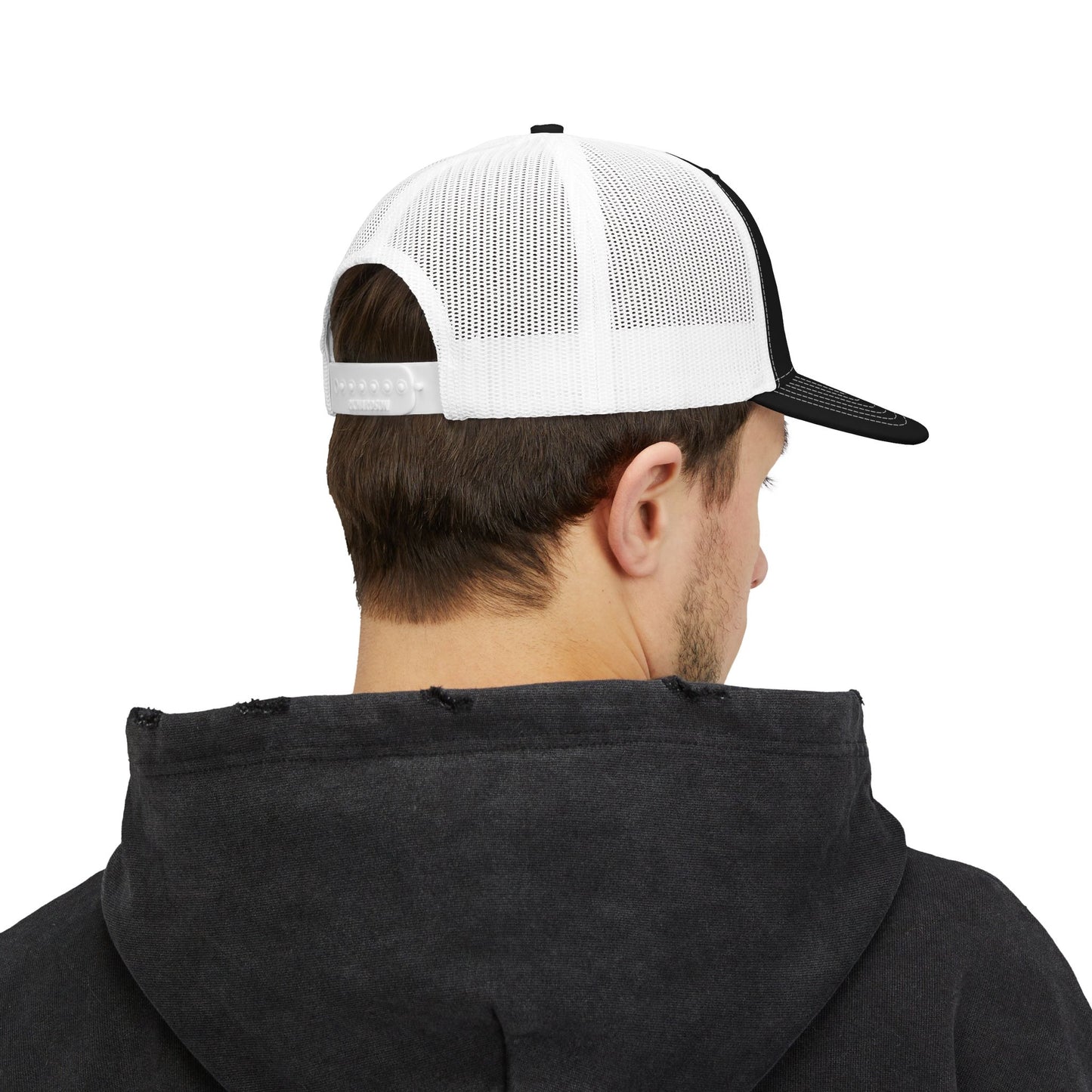 California Retro Rainbow Stack Embroidered Trucker, Snapback Trucker Cap, Black front with White mesh in back
