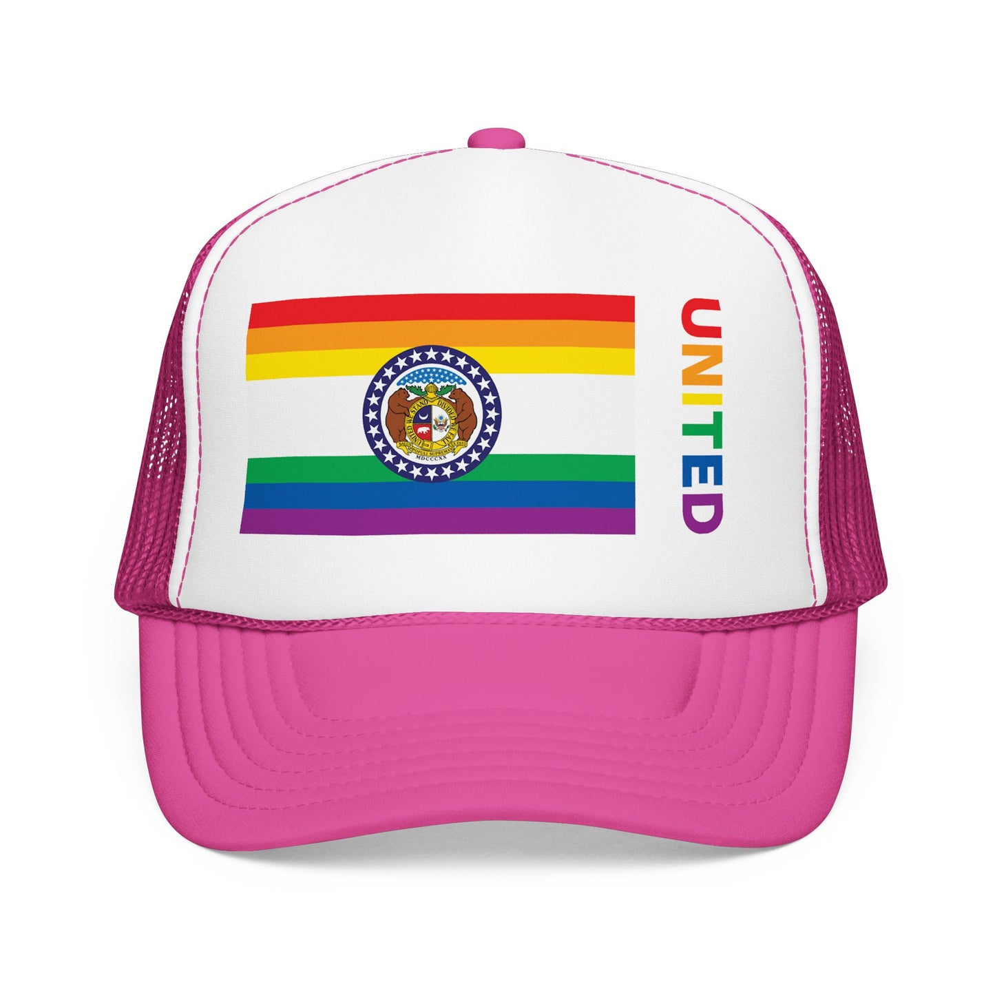 Missouri Rainbow Pride Flag "UNITED" Printed Foam Trucker Hat, Several Color Options
