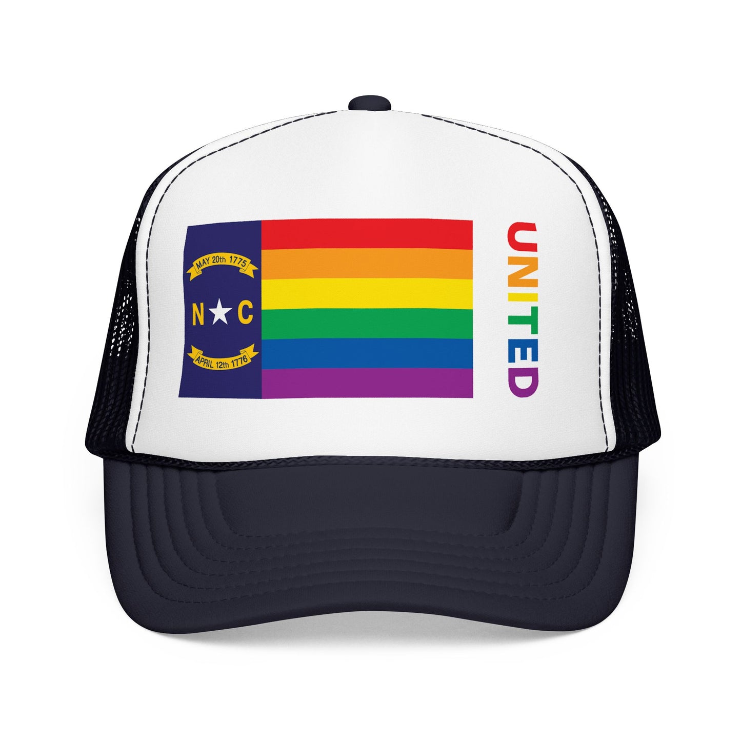 North Carolina Rainbow Pride Flag "UNITED" Printed Foam Trucker Hat, Several Color Options