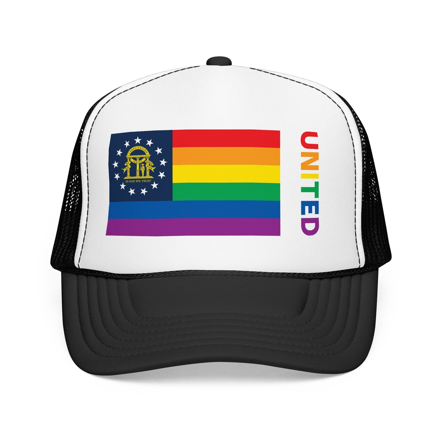 Georgia Rainbow Pride Flag "UNITED" Printed Foam Trucker Hat, Several Color Options