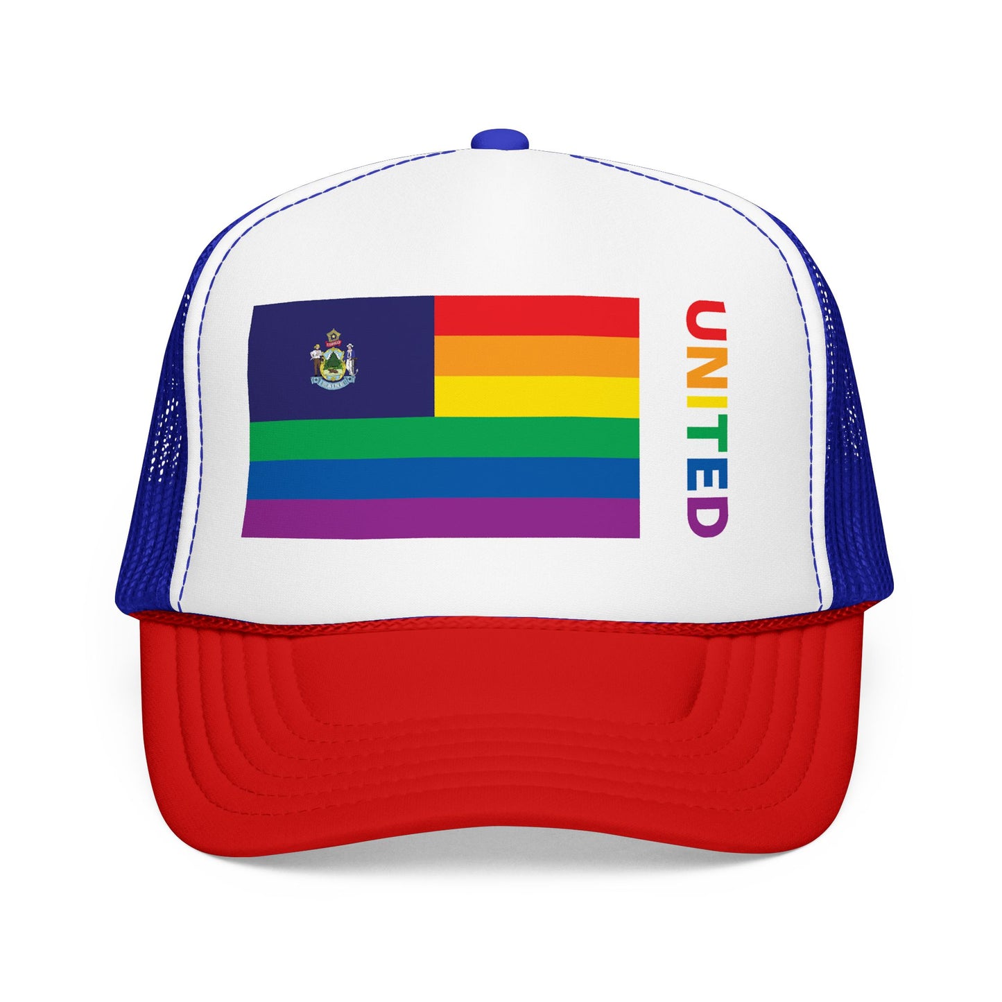 Maine Rainbow Pride Flag "UNITED" Printed Foam Trucker Hat, Several Color Options
