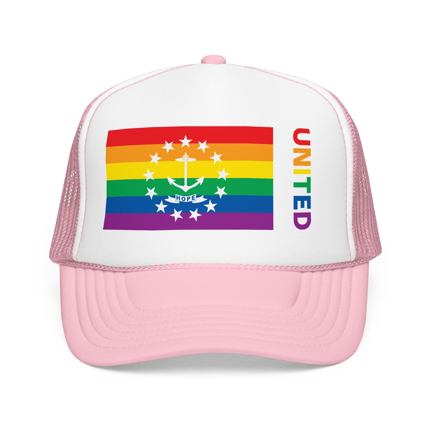 Rhode Island Rainbow Pride Flag "UNITED" Printed Foam Trucker Hat, Several Color Options