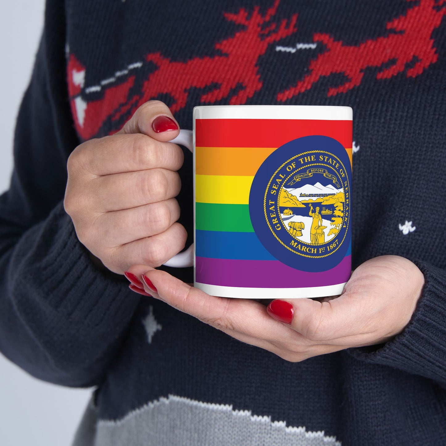 Nebraska Rainbow Pride Flag "UNITED" Ceramic Mug