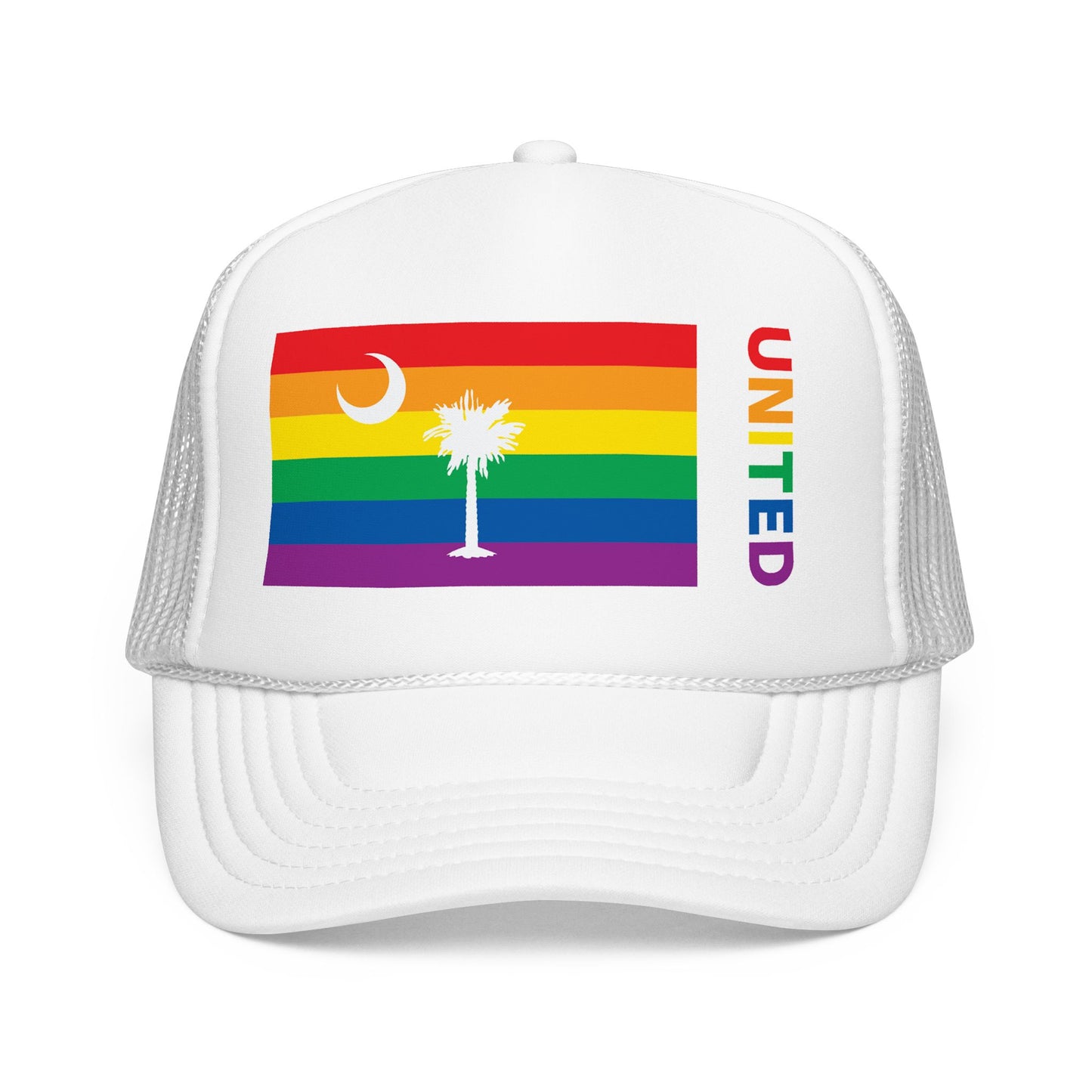 South Carolina Rainbow Pride Flag "UNITED" Printed Foam Trucker Hat, Several Color Options
