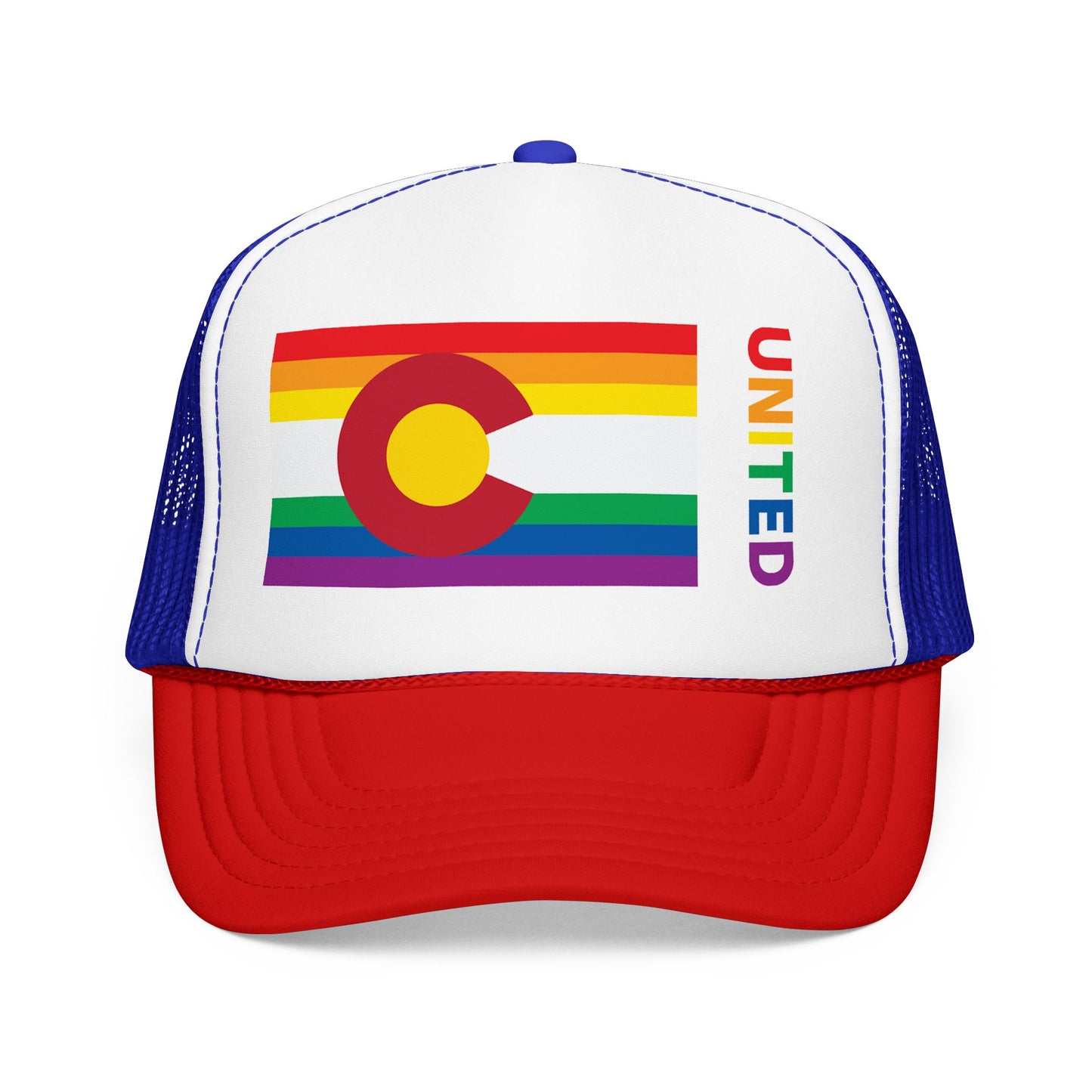 Colorado Rainbow Pride Flag "UNITED" Printed Foam Trucker Hat, Several Color Options