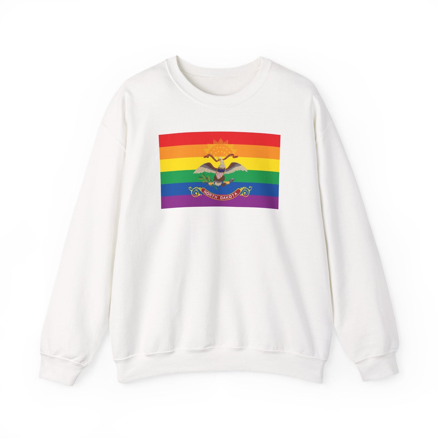 North Dakota Rainbow Pride Flag Unisex Crewneck Sweatshirt—White, Black or Light Pink