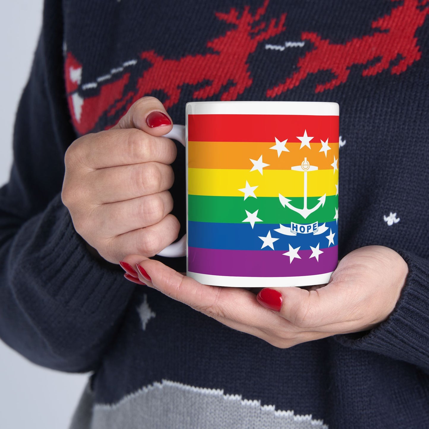 Rhode Island Rainbow Pride Flag "UNITED" Ceramic Mug
