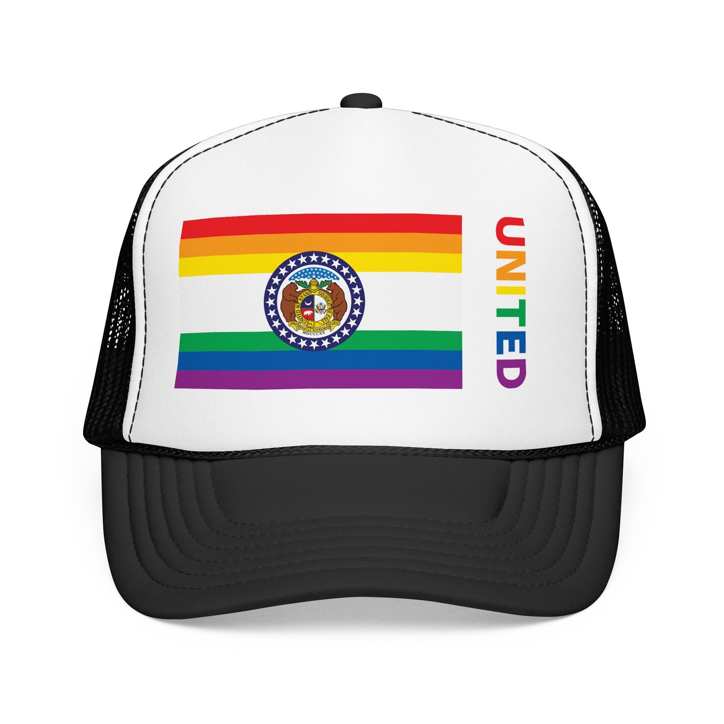 Missouri Rainbow Pride Flag "UNITED" Printed Foam Trucker Hat, Several Color Options