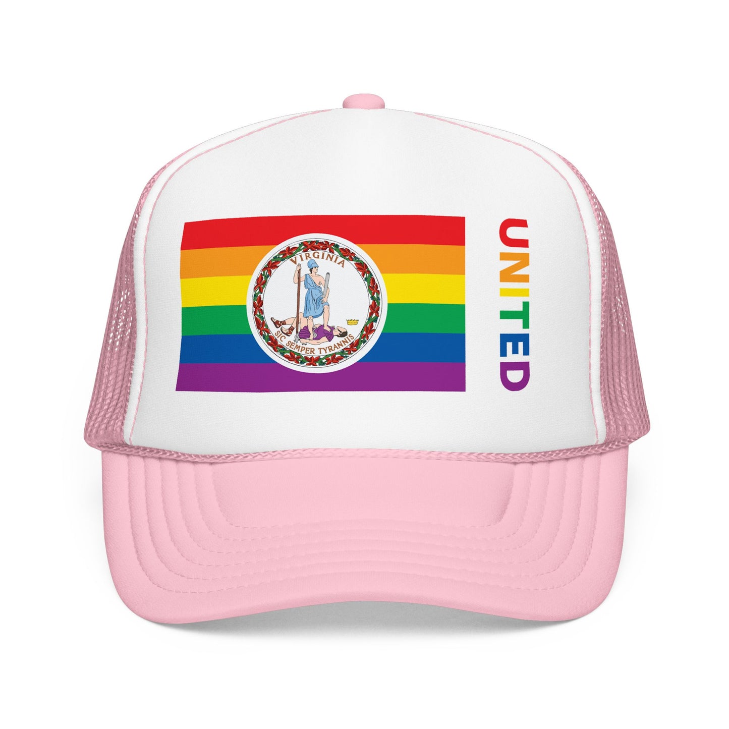 Virginia Rainbow Pride Flag "UNITED" Printed Foam Trucker Hat, Several Color Options
