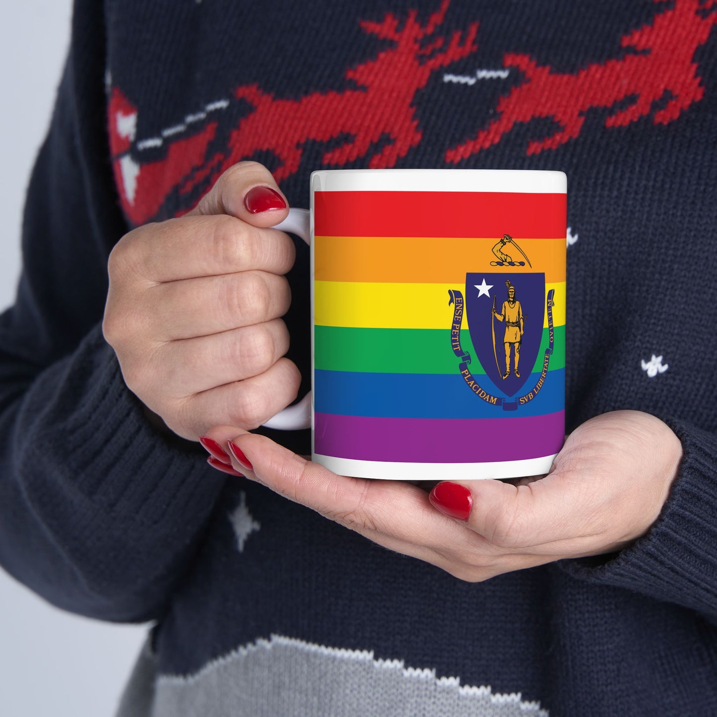 Massachusetts Rainbow Pride Flag "UNITED" Ceramic Mug