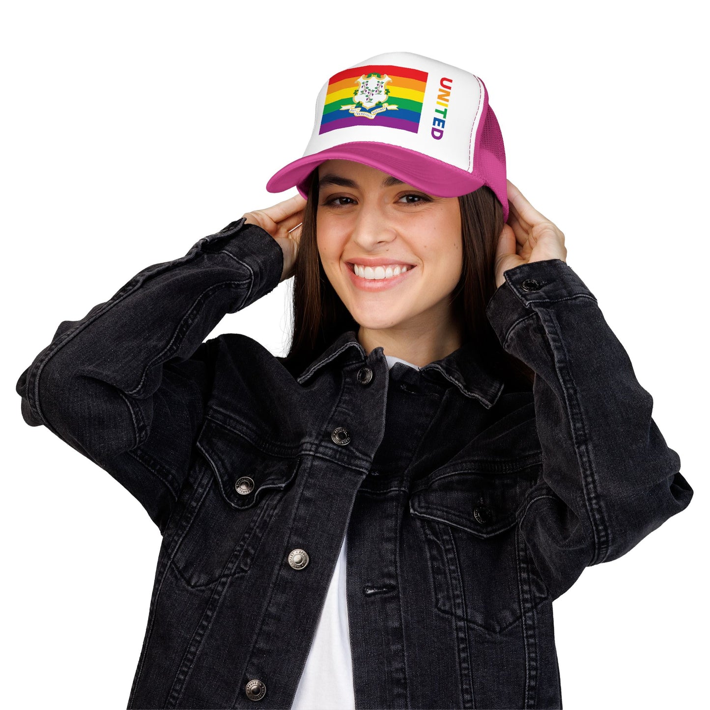 Connecticut Rainbow Pride Flag "UNITED" Printed Foam Trucker Hat, Several Color Options