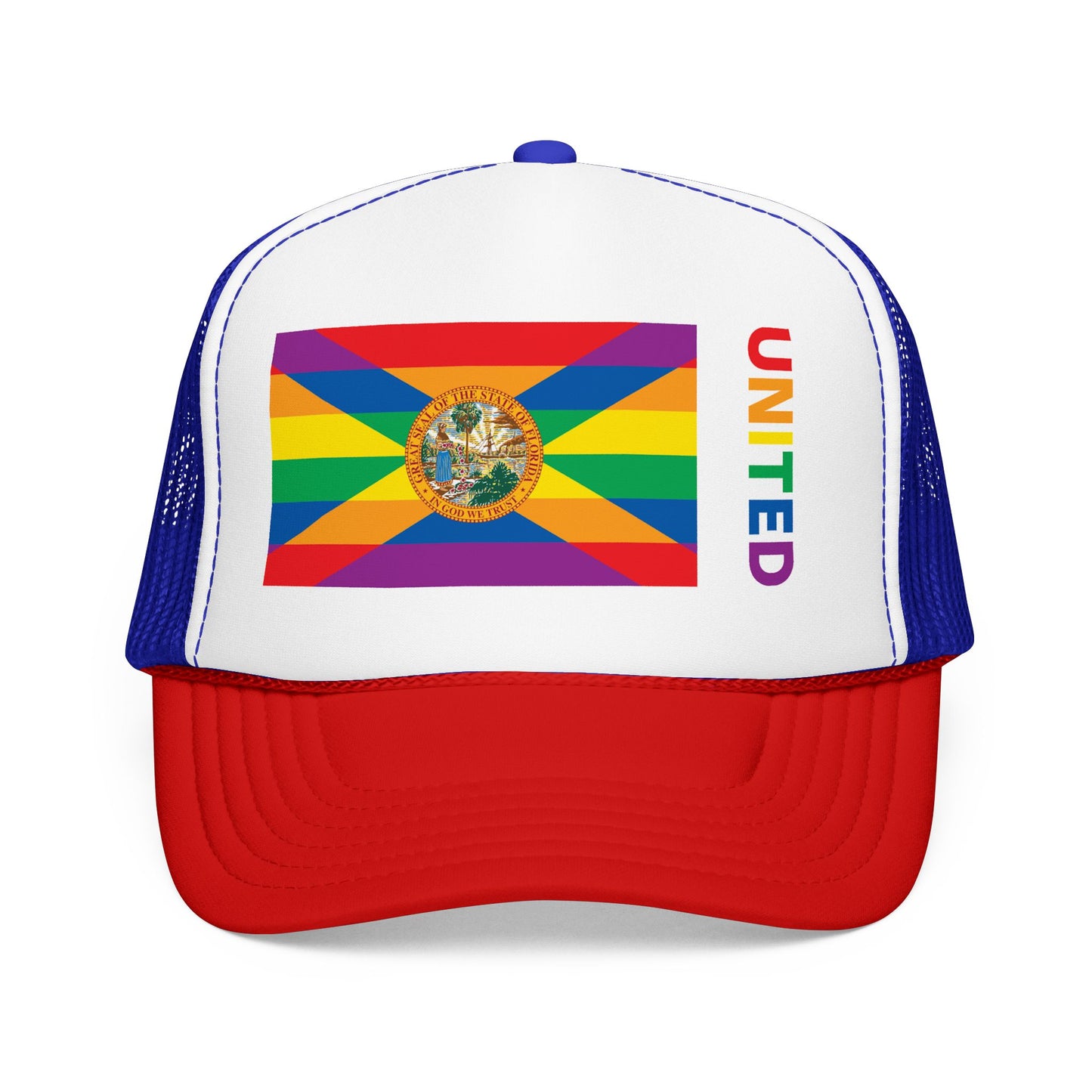 Florida Rainbow Pride Flag "UNITED" Printed Foam Trucker Hat, Several Color Options