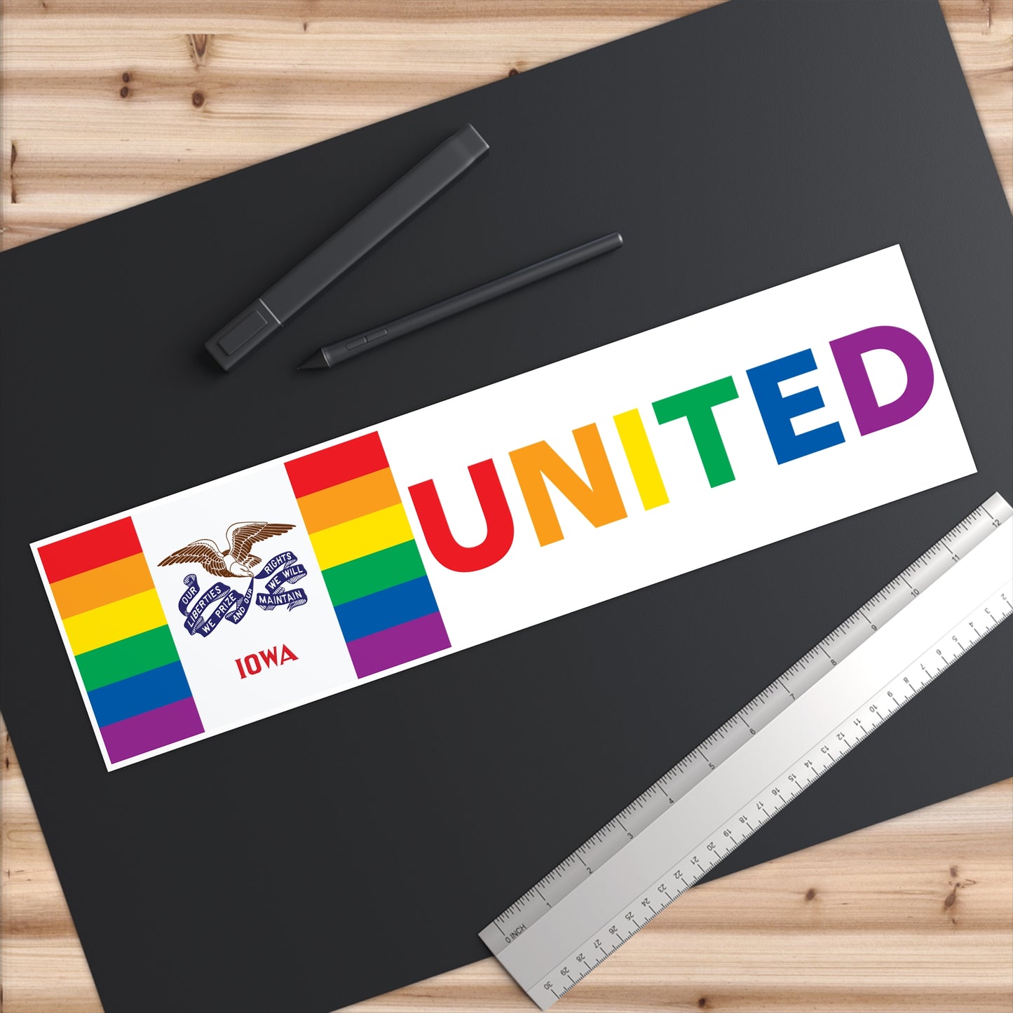 Iowa Rainbow Pride Flag "UNITED" Bumper Sticker