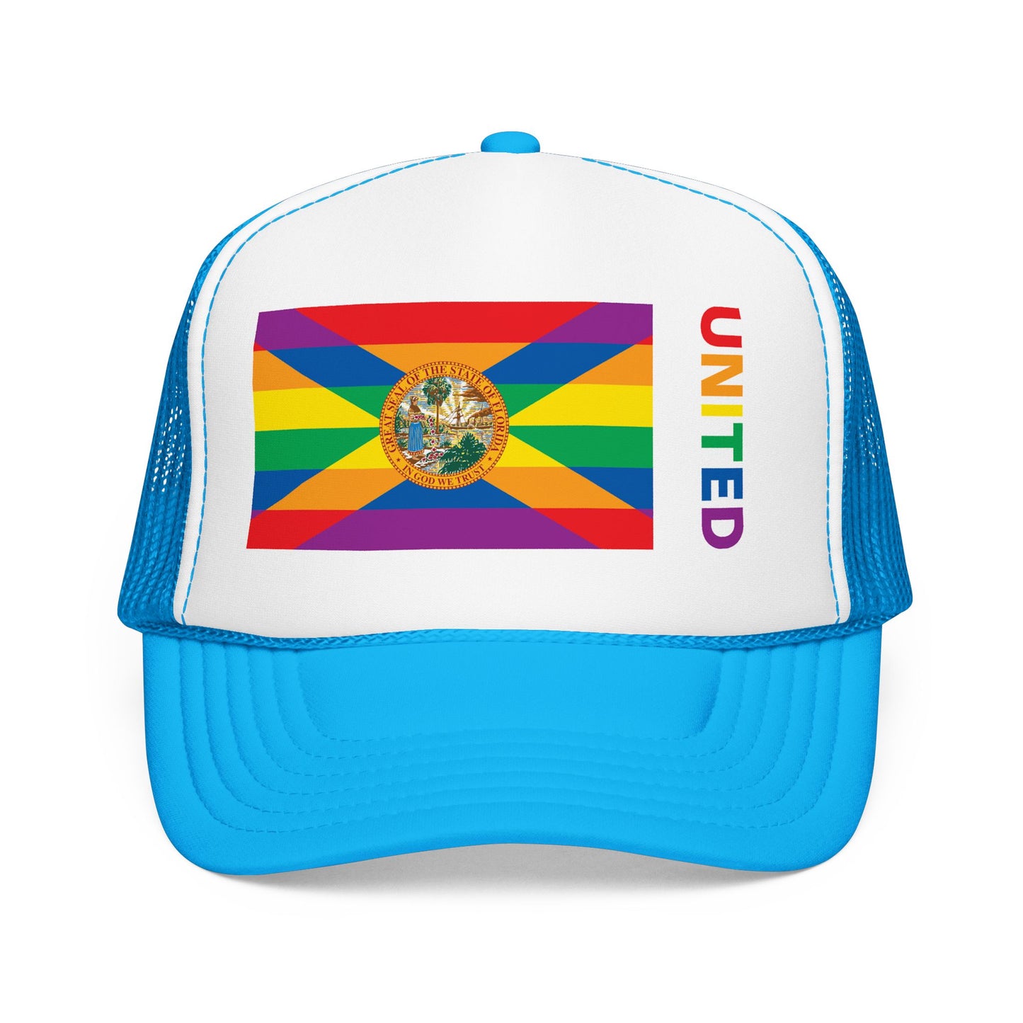 Florida Rainbow Pride Flag "UNITED" Printed Foam Trucker Hat, Several Color Options