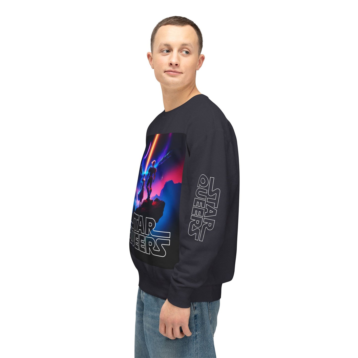 STAR QUEERS Graphic Universal Lightweight Crewneck Sweatshirt - Black and Neon Violet