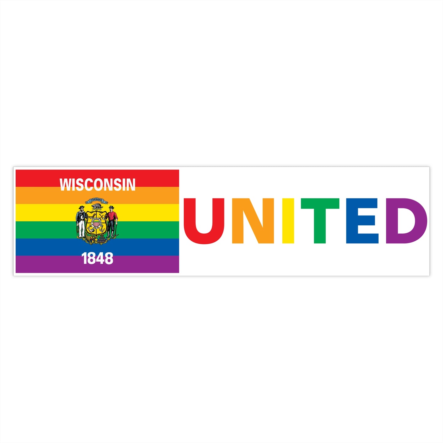 Wisconsin Rainbow Pride Flag "UNITED" Bumper Sticker