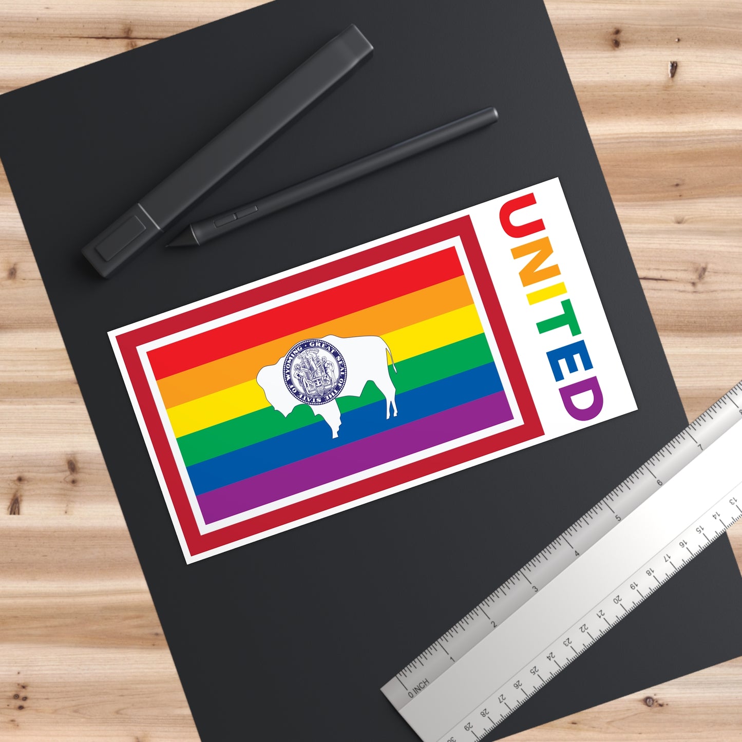 Wyoming Rainbow Pride Flag "UNITED" Bumper Sticker