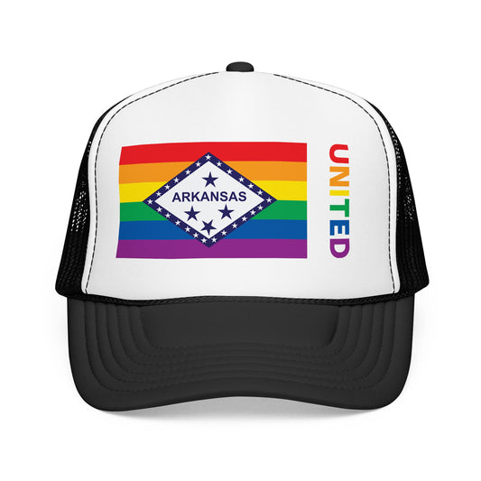 Arkansas Rainbow Pride Flag "UNITED" Printed Foam Trucker Hat, Several Color Options