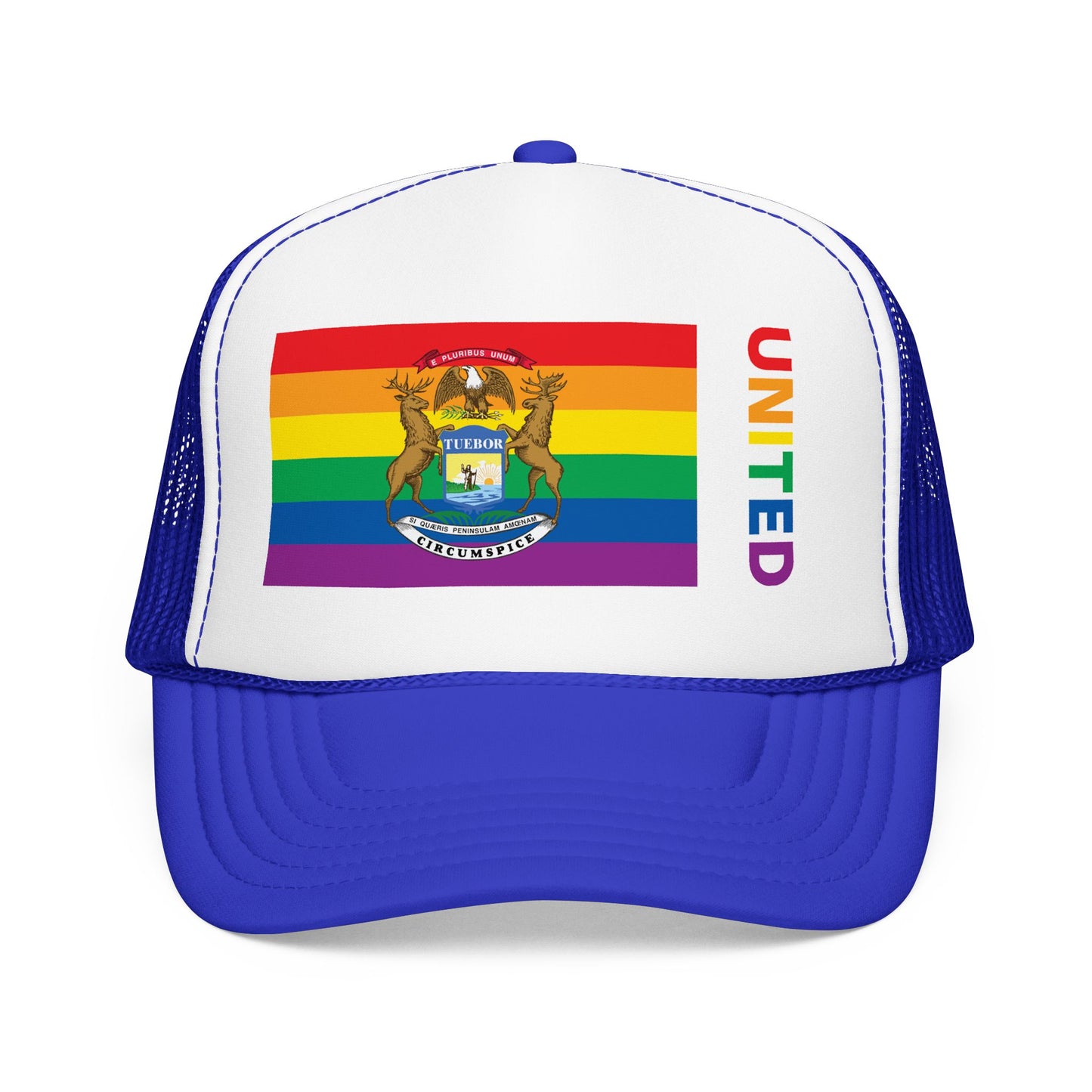 Michigan Rainbow Pride Flag "UNITED" Printed Foam Trucker Hat, Several Color Options
