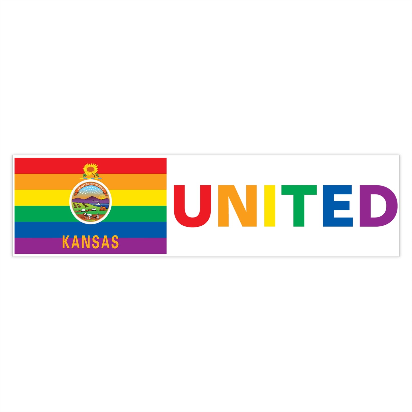 Kansas Rainbow Pride Flag "UNITED" Bumper Sticker