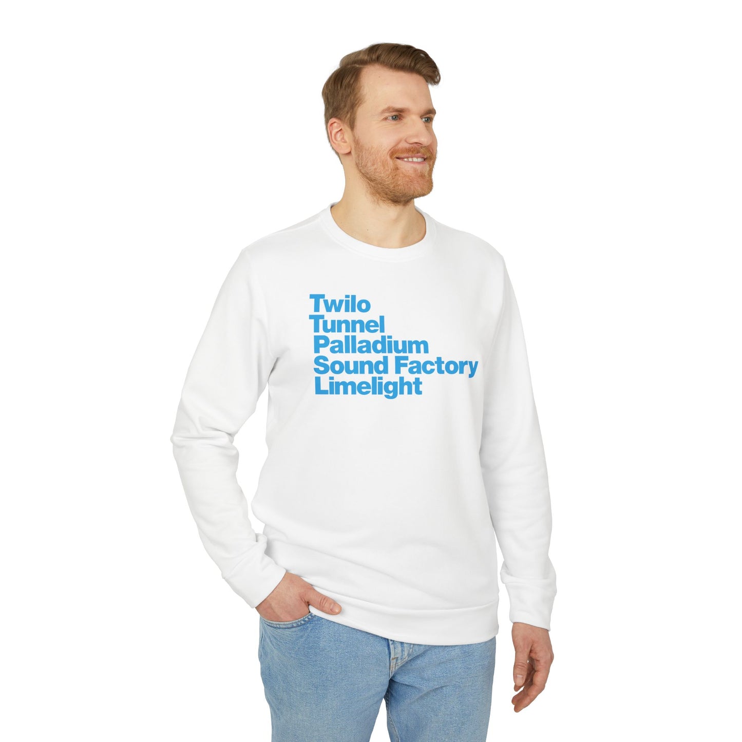 Twilo Tunnel Limelight Palladium Sound Factory Adidas® Fleece Crewneck Sweatshirt - NYC 90s Nightlife Collection - Cyan Deco on White