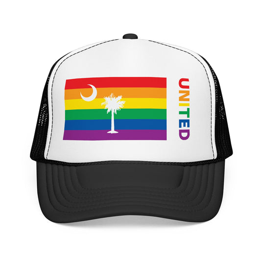 South Carolina Rainbow Pride Flag "UNITED" Printed Foam Trucker Hat, Several Color Options