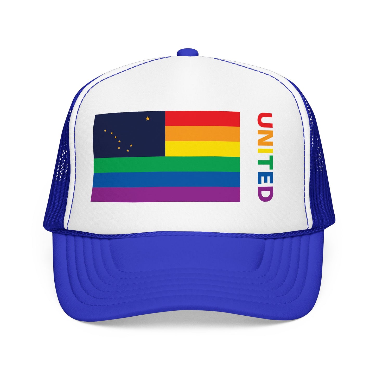 Alaska Rainbow Pride Flag "UNITED" Printed Foam Trucker Hat, Several Color Options
