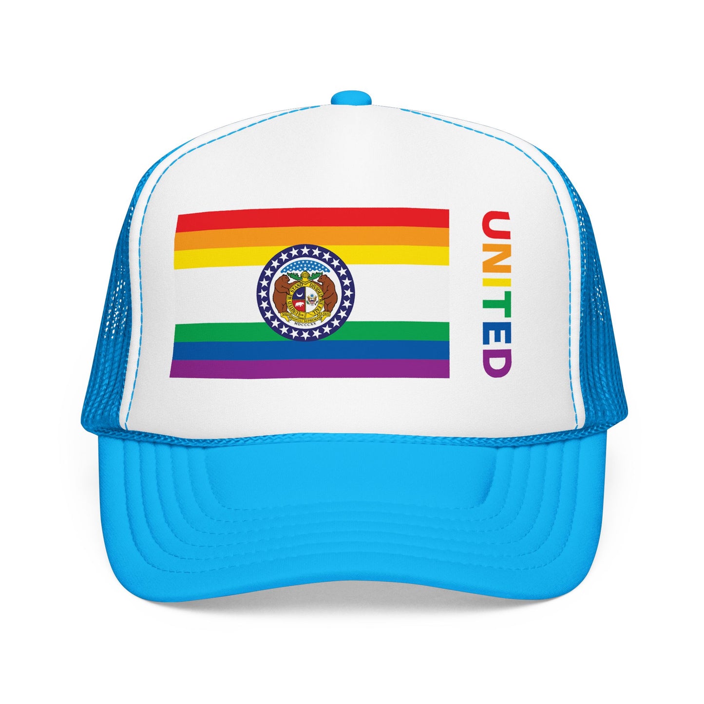Missouri Rainbow Pride Flag "UNITED" Printed Foam Trucker Hat, Several Color Options