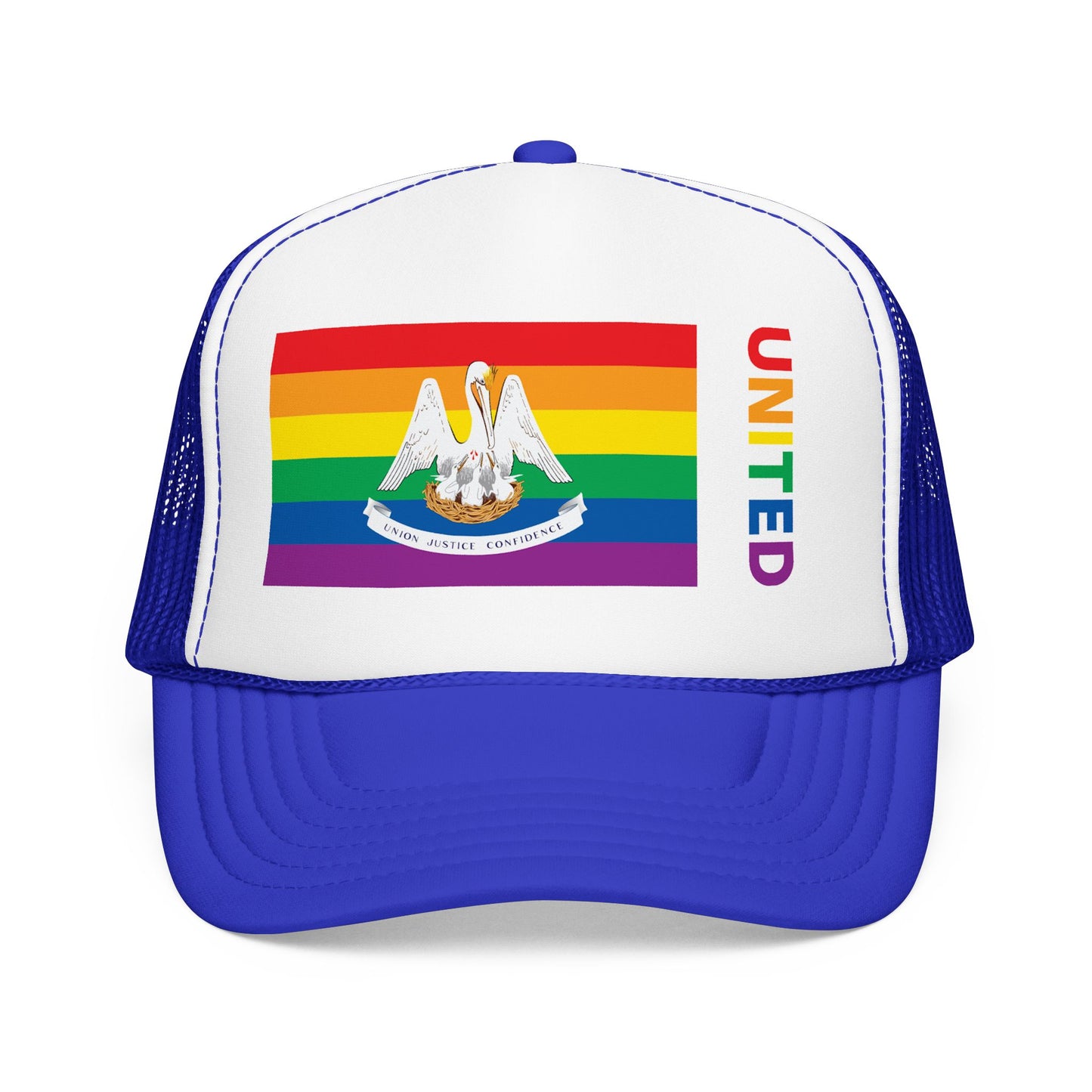 Louisiana Rainbow Pride Flag "UNITED" Printed Foam Trucker Hat, Several Color Options