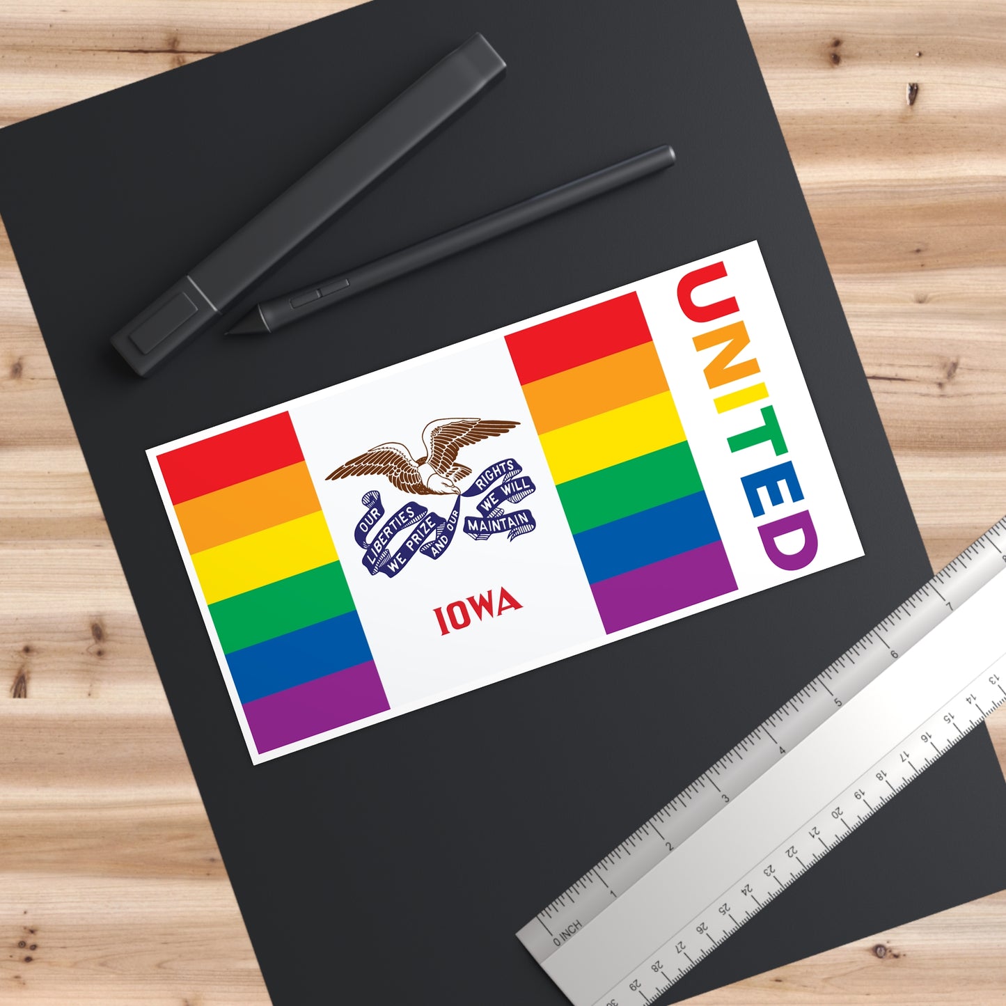 Iowa Rainbow Pride Flag "UNITED" Bumper Sticker