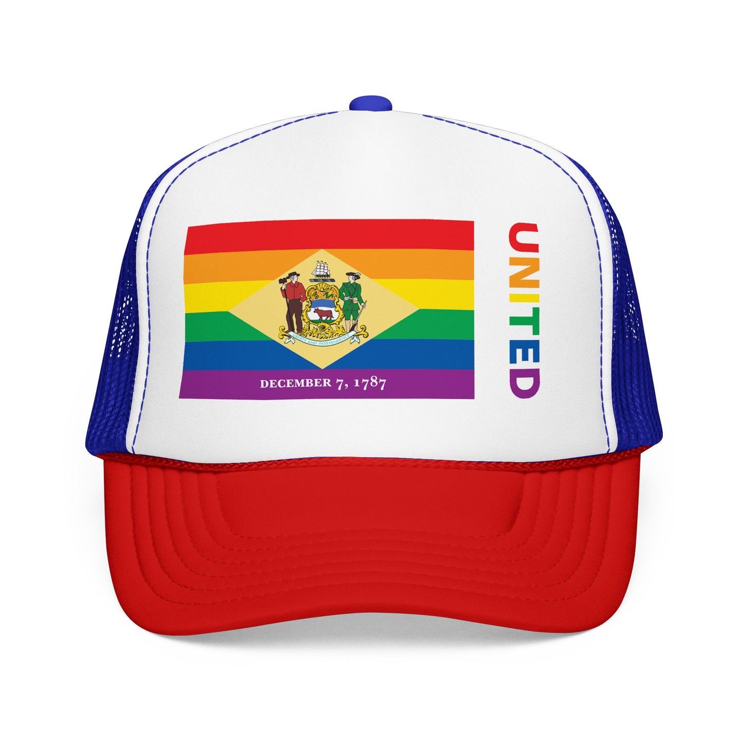 Delaware Rainbow Pride Flag "UNITED" Printed Foam Trucker Hat, Several Color Options