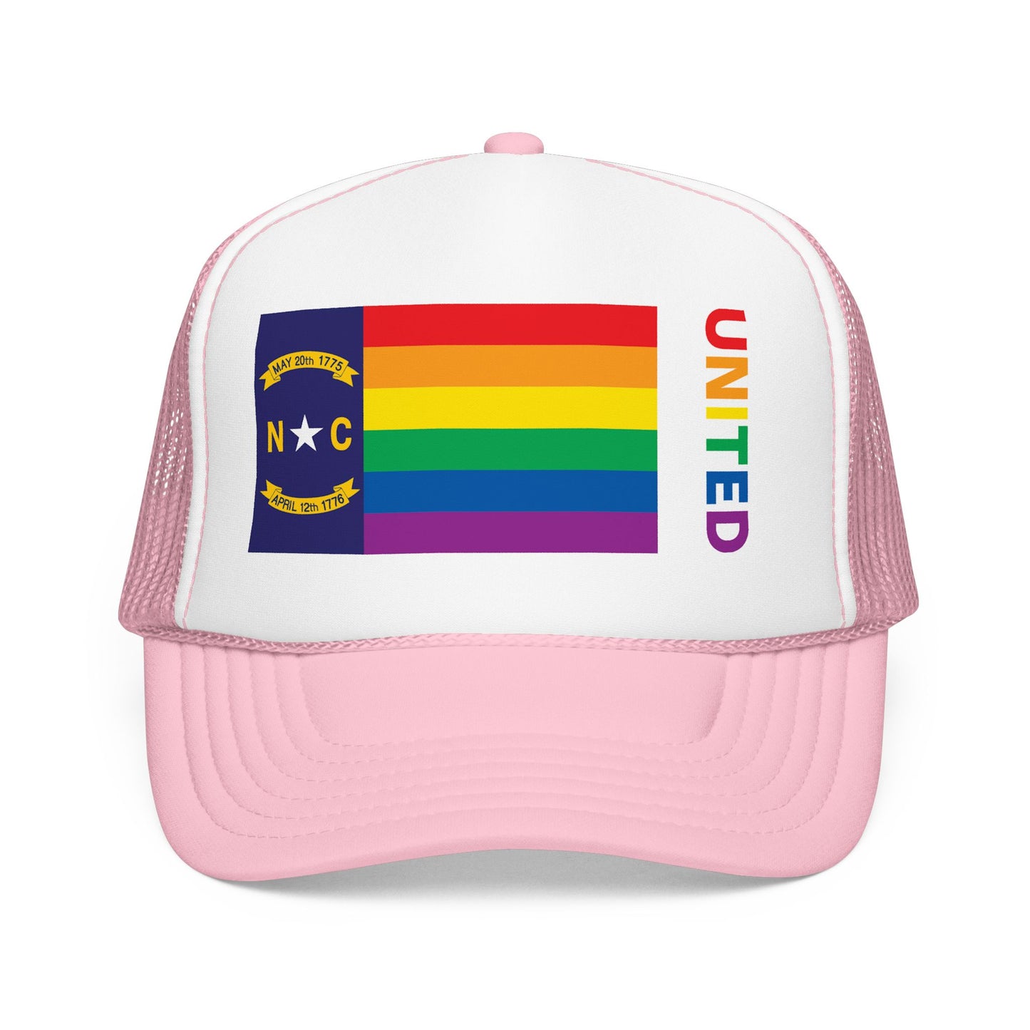 North Carolina Rainbow Pride Flag "UNITED" Printed Foam Trucker Hat, Several Color Options