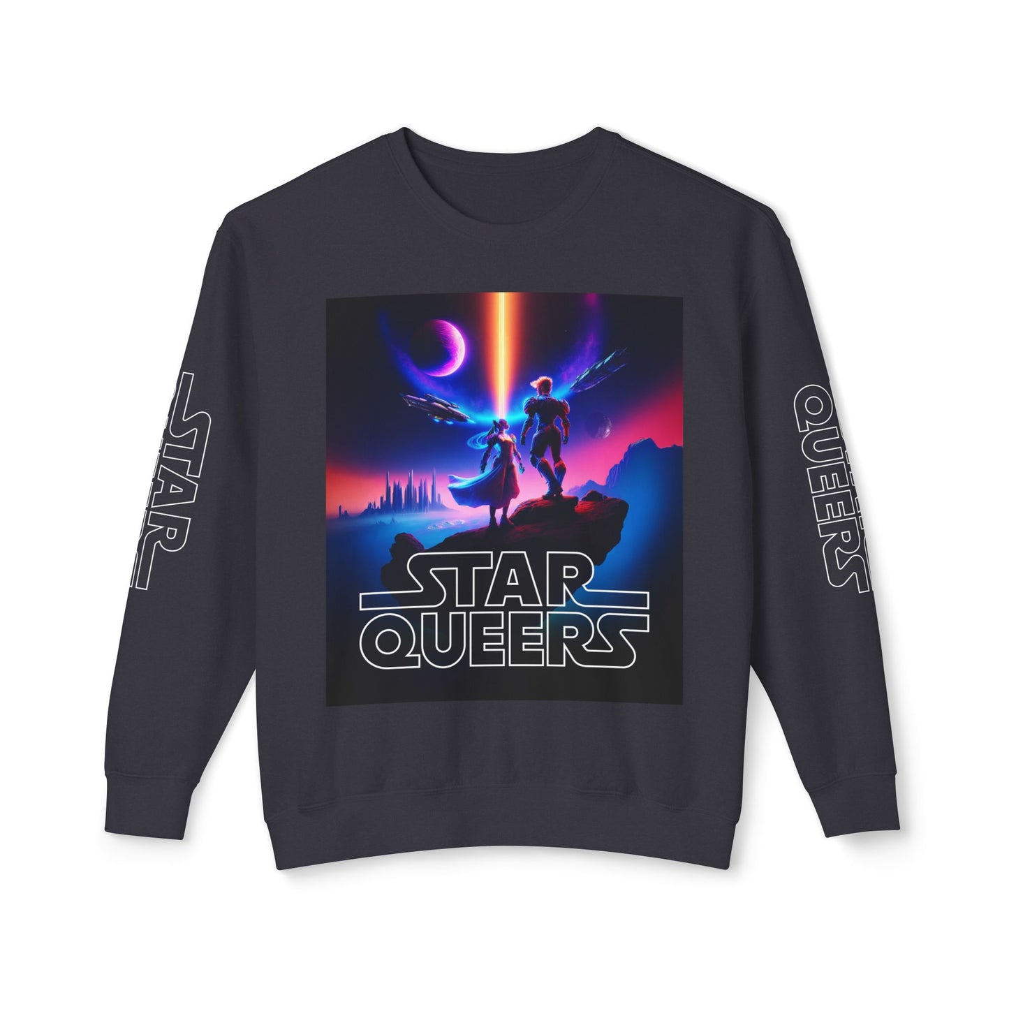 STAR QUEERS Graphic Universal Lightweight Crewneck Sweatshirt - Black and Neon Violet