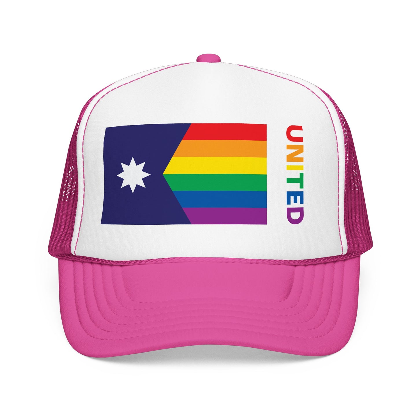 Minnesota Rainbow Pride Flag "UNITED" Printed Foam Trucker Hat, Several Color Options