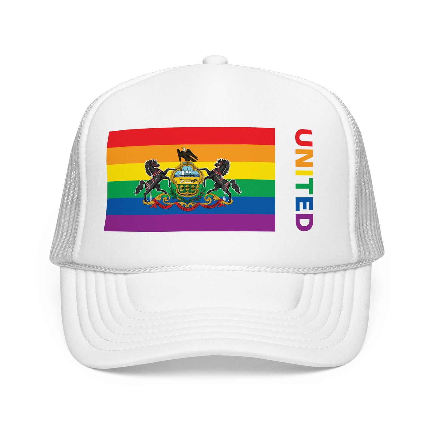 Pennsylvania Rainbow Pride Flag "UNITED" Printed Foam Trucker Hat, Several Color Options