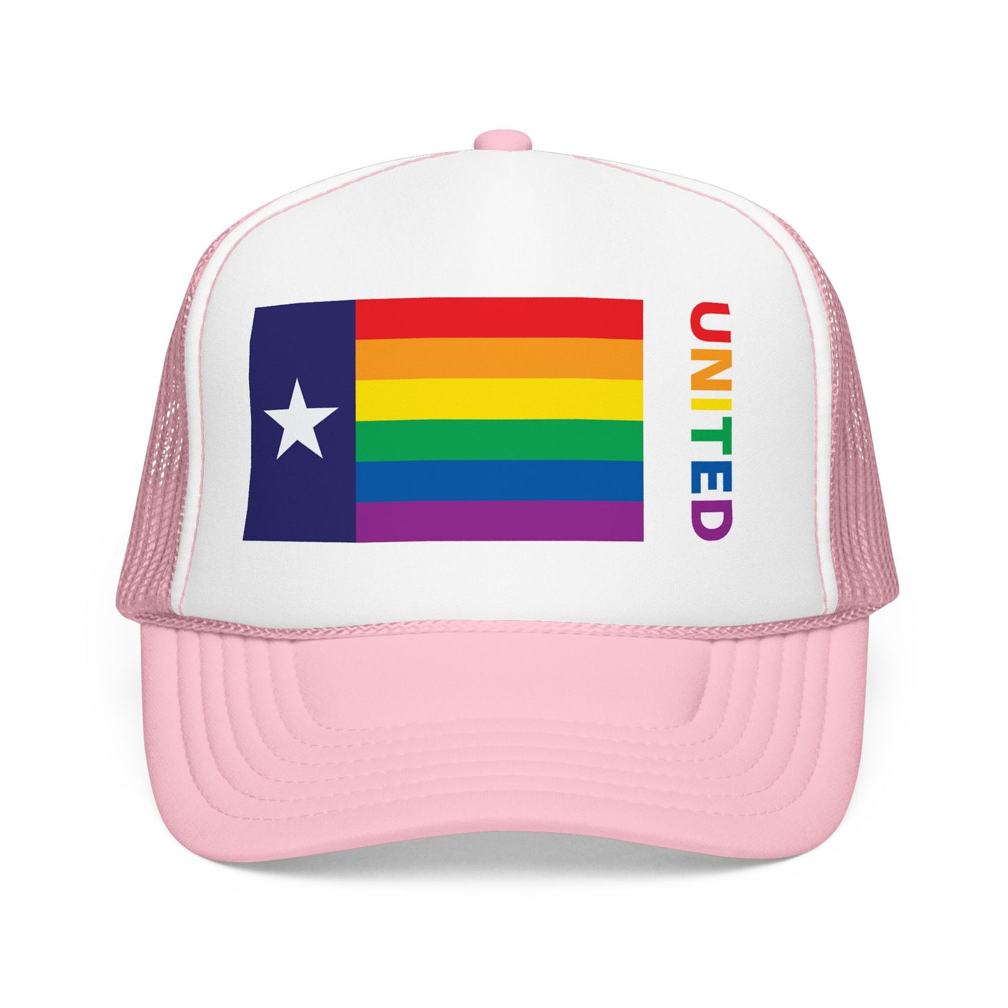 Texas Rainbow Pride Flag "UNITED" Printed Foam Trucker Hat, Several Color Options