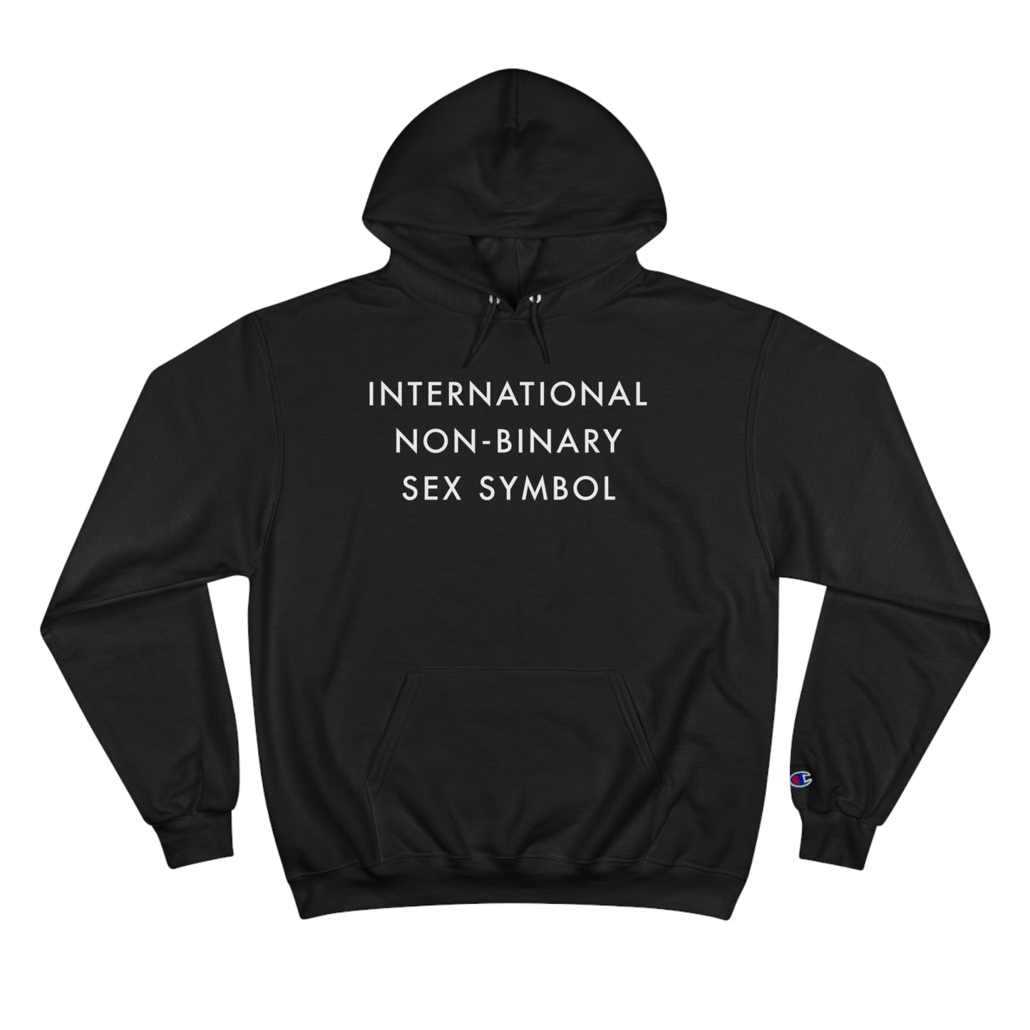 International Non-Binary Sex Symbol Champion Hoodie - Black and Charcoal Heather with White Deco