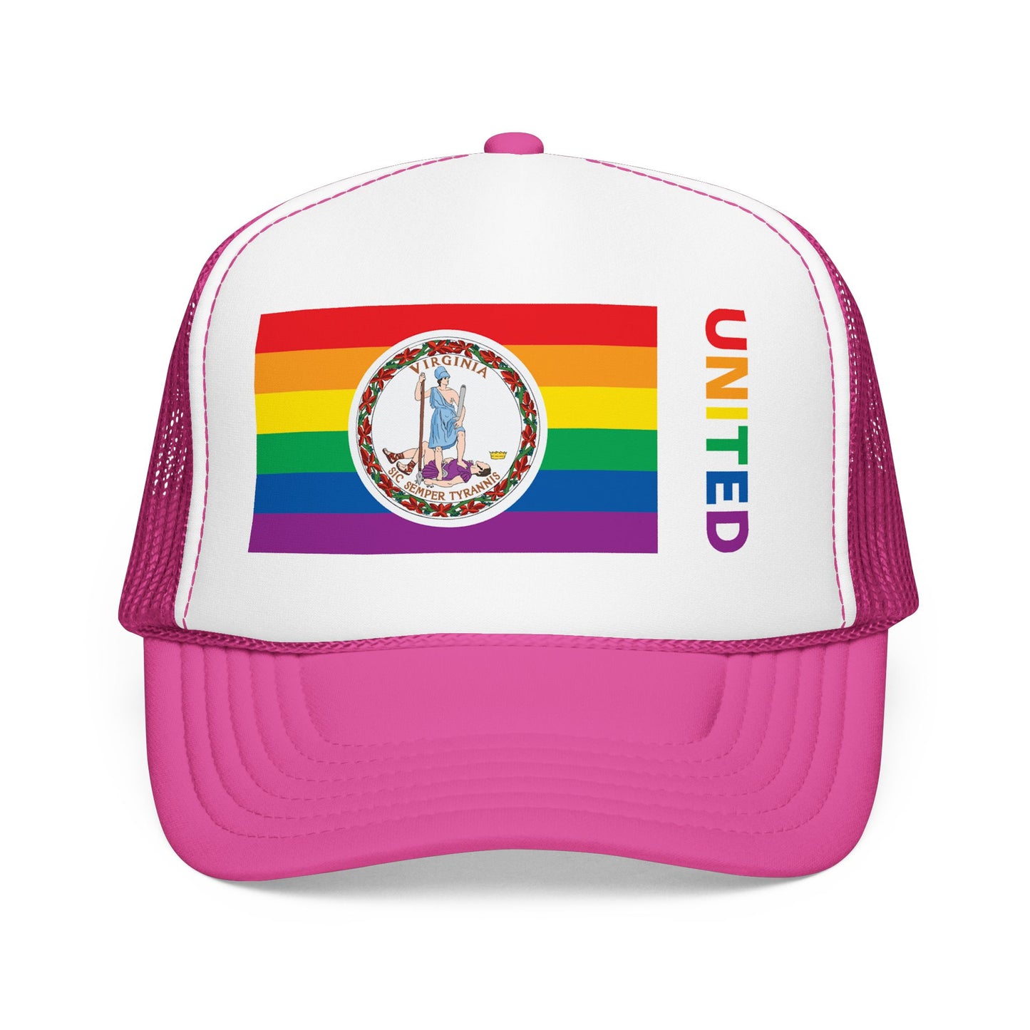 Virginia Rainbow Pride Flag "UNITED" Printed Foam Trucker Hat, Several Color Options