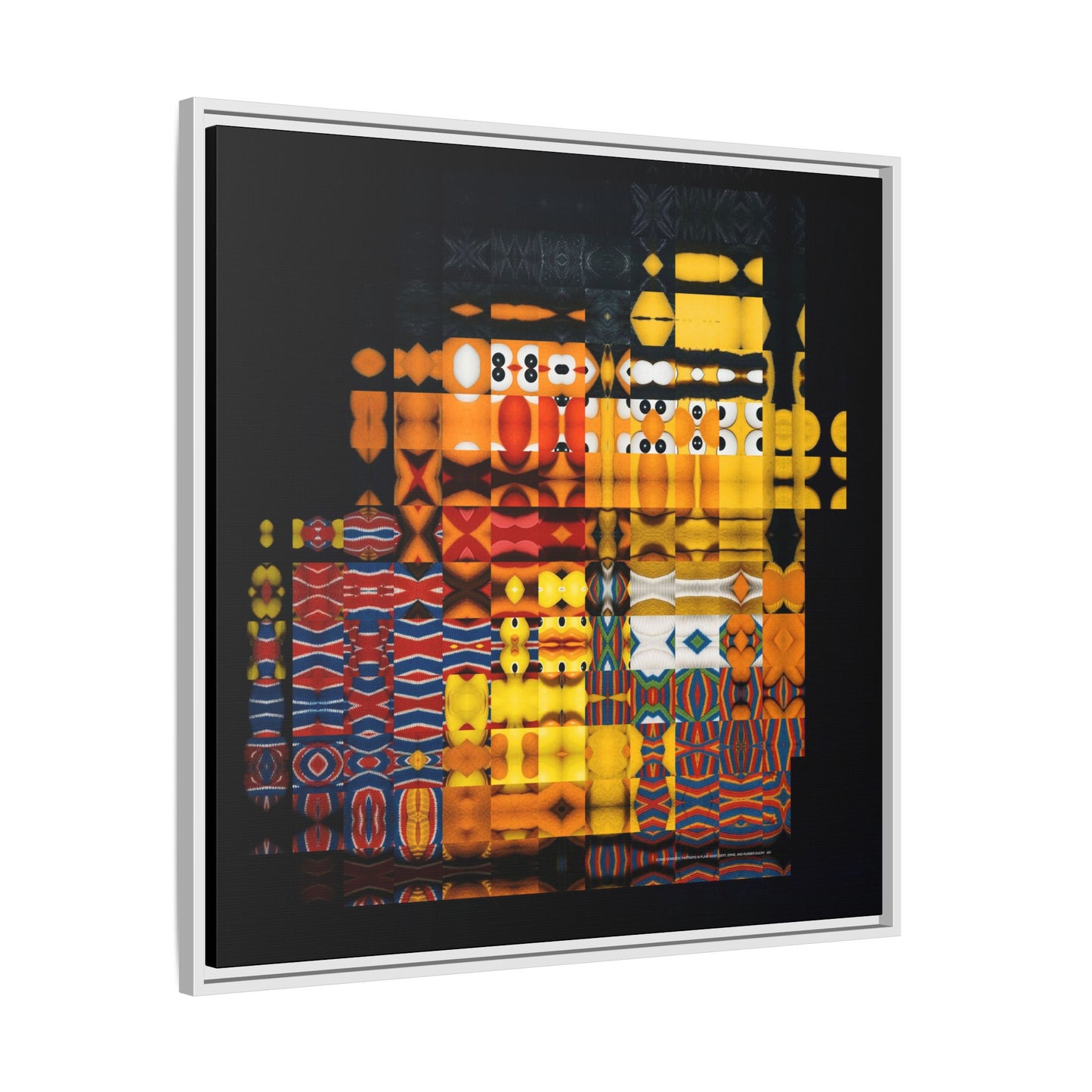 Iconic Domestic Partners in Plain Sight: Bert, Ernie, and Rubber Ducky Abstract Portrait Collage Art — Matte Canvas, Framed (Multi-color options)