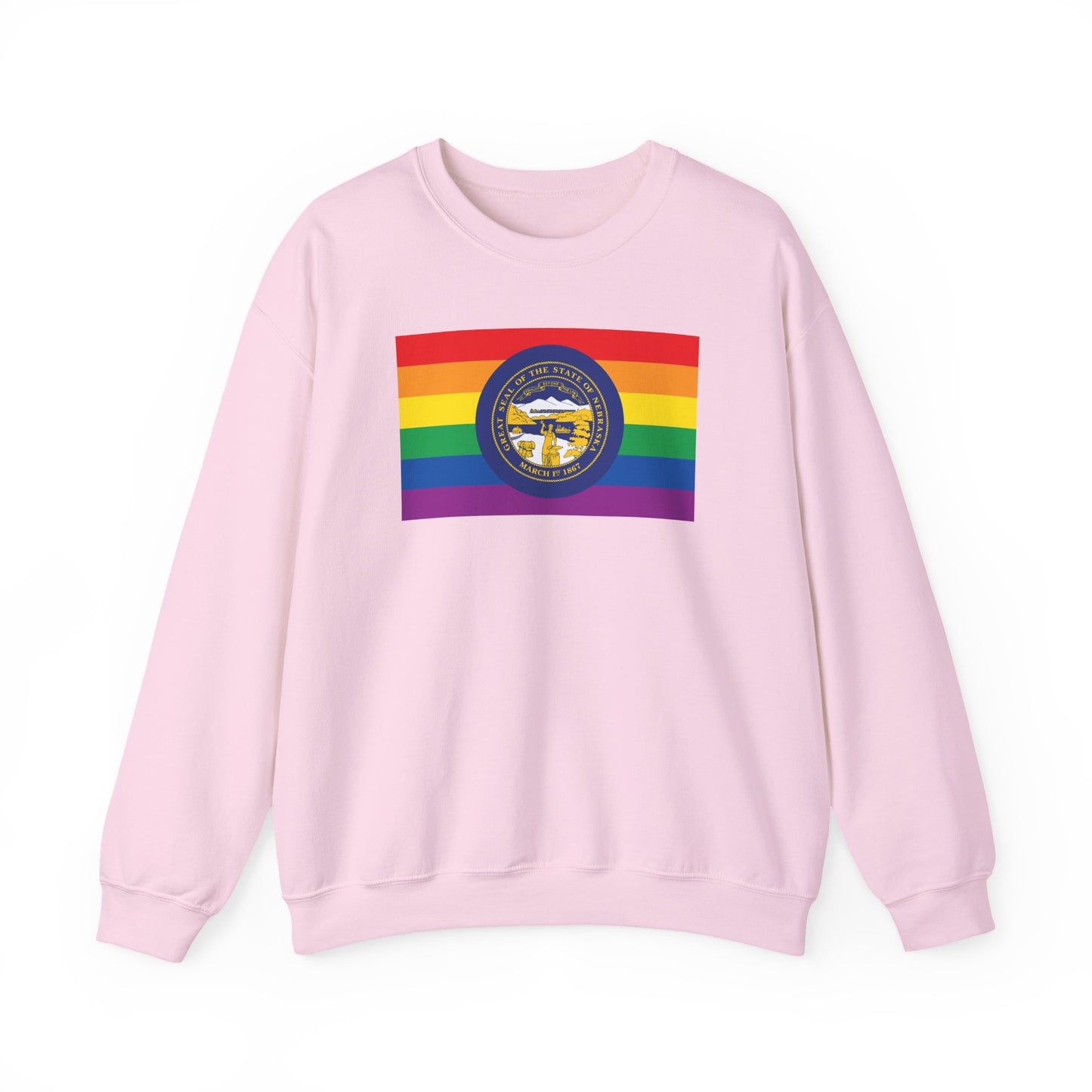 Nebraska Rainbow Pride Flag Unisex Crewneck Sweatshirt—White, Black or Light Pink